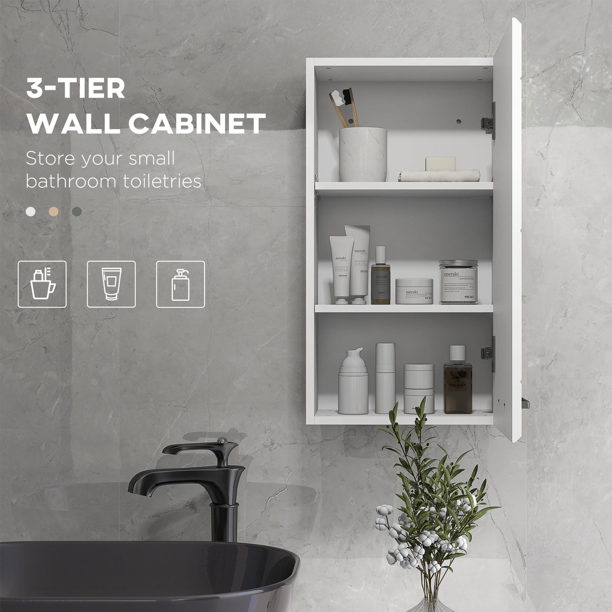 Bathroom Wall Cabinet, High Gloss Wall Mount Bathroom Storage Cabinet with Soft-Close Door, 3 Shelves, Adjustable Shelf for Hallway, Living Room, Over Toilet, 37x22.5x70 cm, White