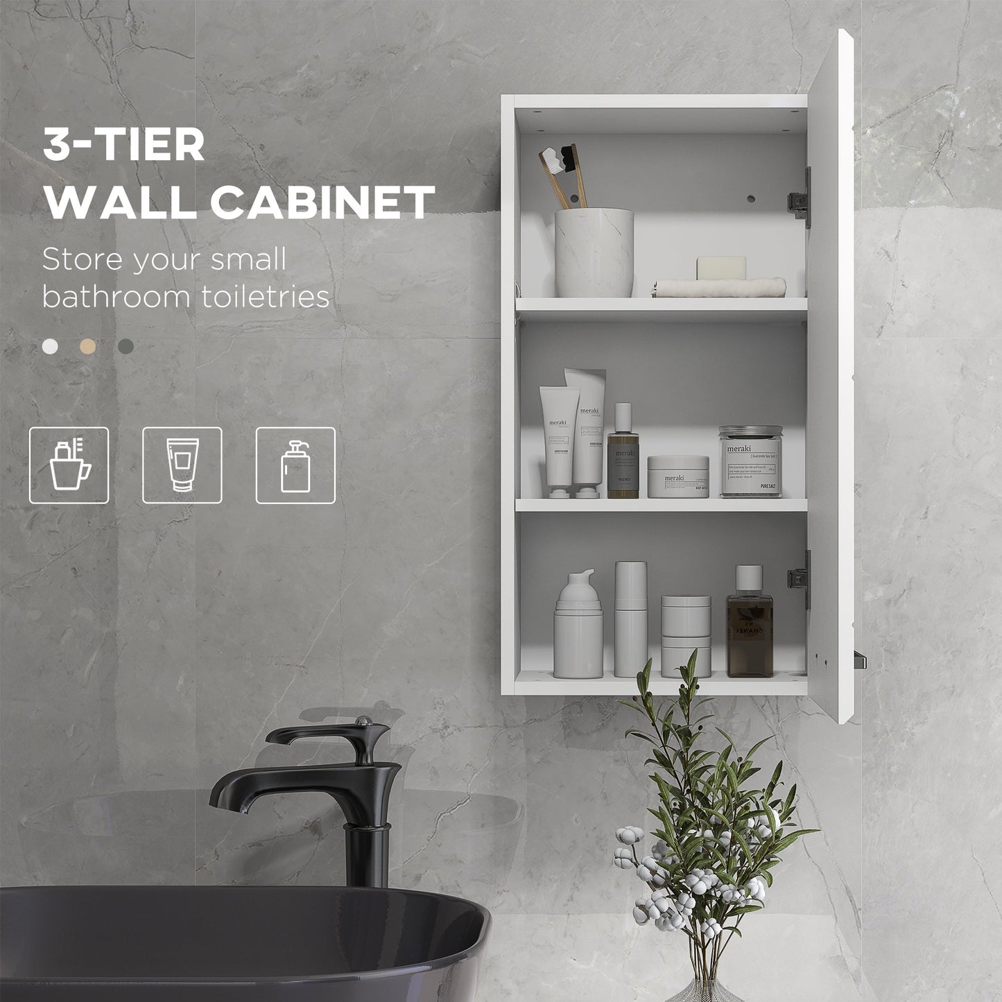 Bathroom Wall Cabinet, High Gloss Wall Mount Bathroom Storage Cabinet with Soft-Close Door, 3 Shelves, Adjustable Shelf for Hallway, Living Room, Over Toilet, 37x22.5x70 cm, White