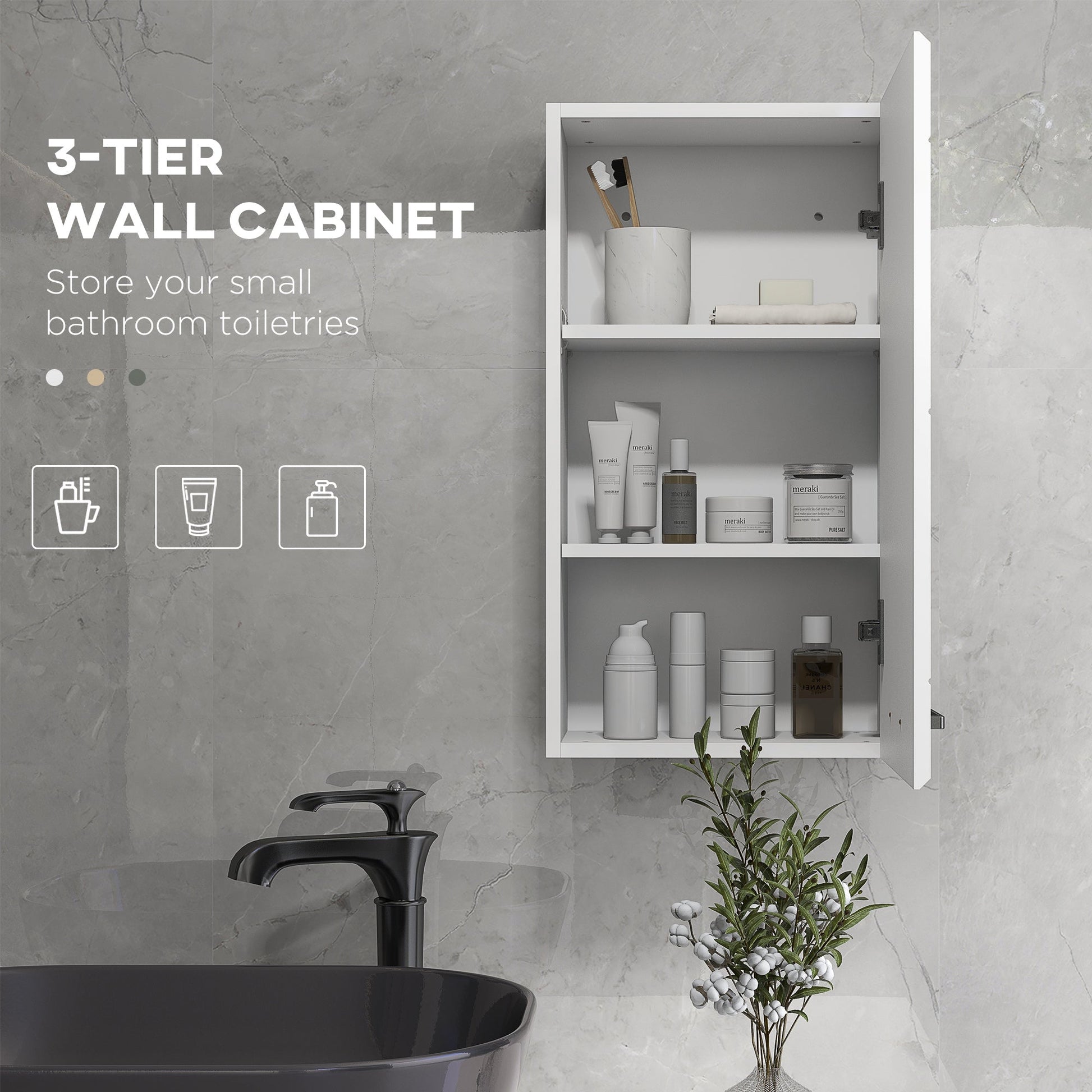 Bathroom Wall Cabinet, High Gloss Wall Mount Bathroom Storage Cabinet with Soft-Close Door, 3 Shelves, Adjustable Shelf for Hallway, Living Room, Over Toilet, 37x22.5x70 cm, White