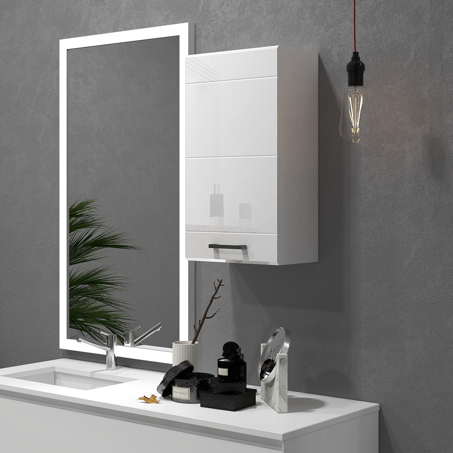 Bathroom Wall Cabinet, High Gloss Wall Mount Bathroom Storage Cabinet with Soft-Close Door, 3 Shelves, Adjustable Shelf for Hallway, Living Room, Over Toilet, 37x22.5x70 cm, White