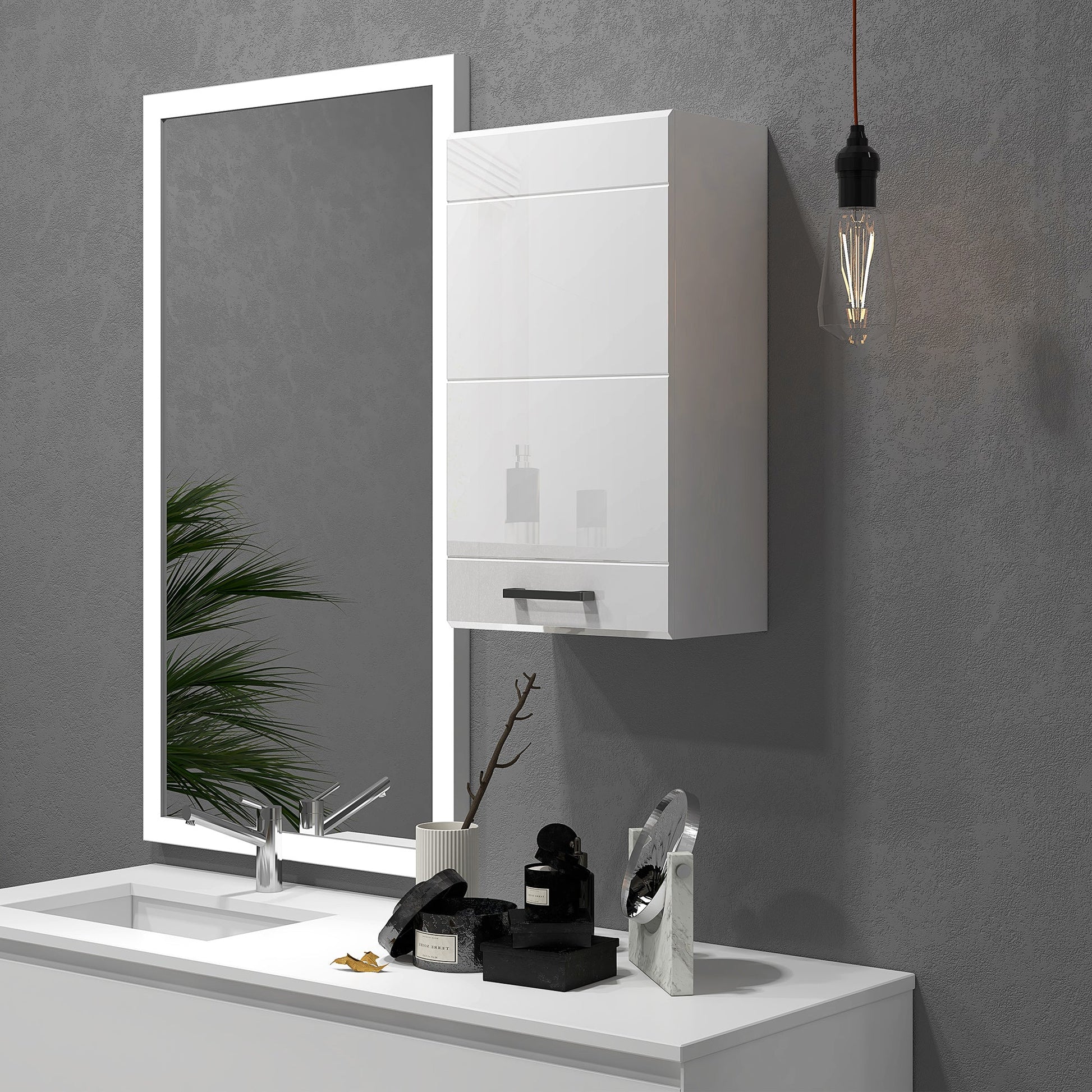 Bathroom Wall Cabinet, High Gloss Wall Mount Bathroom Storage Cabinet with Soft-Close Door, 3 Shelves, Adjustable Shelf for Hallway, Living Room, Over Toilet, 37x22.5x70 cm, White