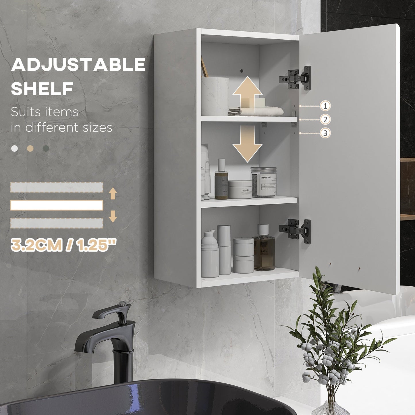 Bathroom Wall Cabinet, High Gloss Wall Mount Bathroom Storage Cabinet with Soft-Close Door, 3 Shelves, Adjustable Shelf for Hallway, Living Room, Over Toilet, 37x22.5x70 cm, White