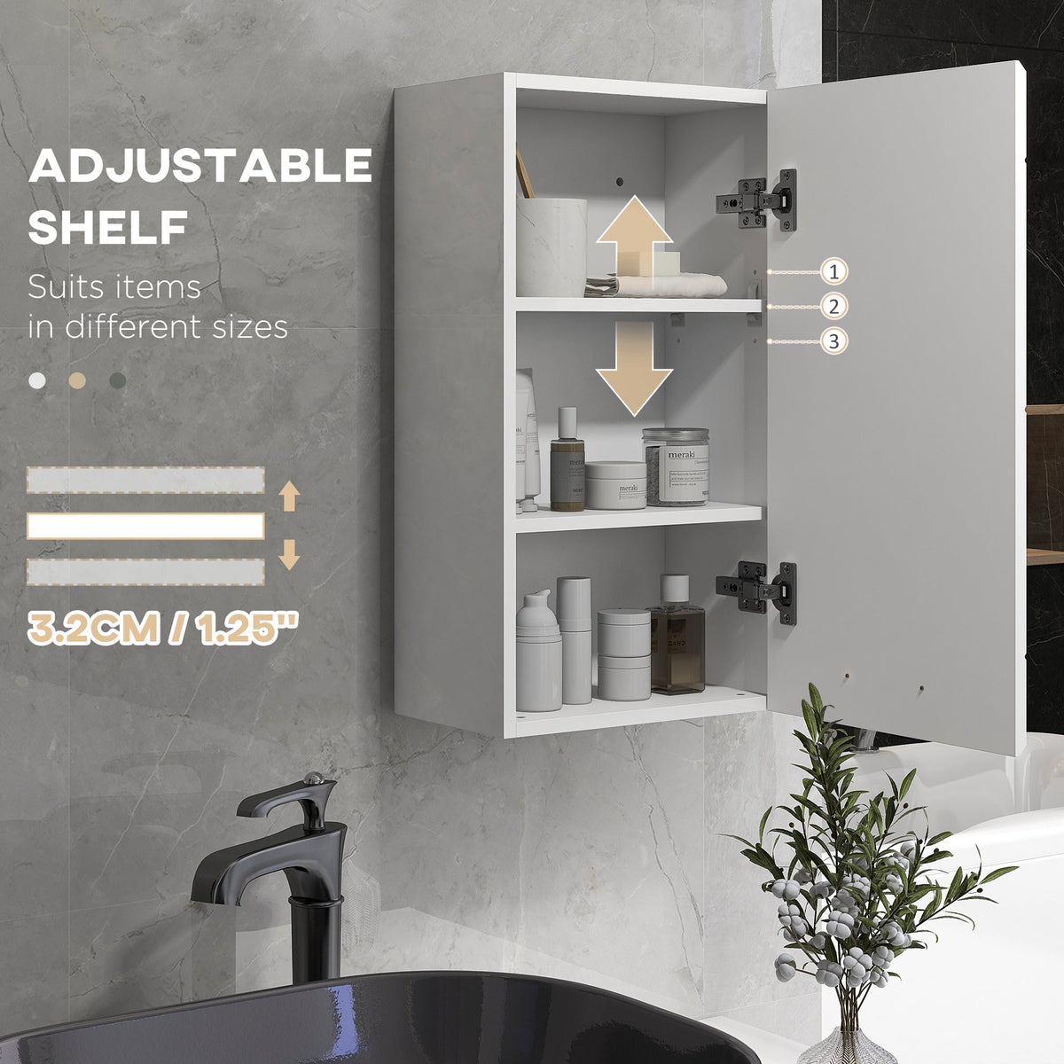 Bathroom Wall Cabinet, High Gloss Wall Mount Bathroom Storage Cabinet with Soft-Close Door, 3 Shelves, Adjustable Shelf for Hallway, Living Room, Over Toilet, 37x22.5x70 cm, White