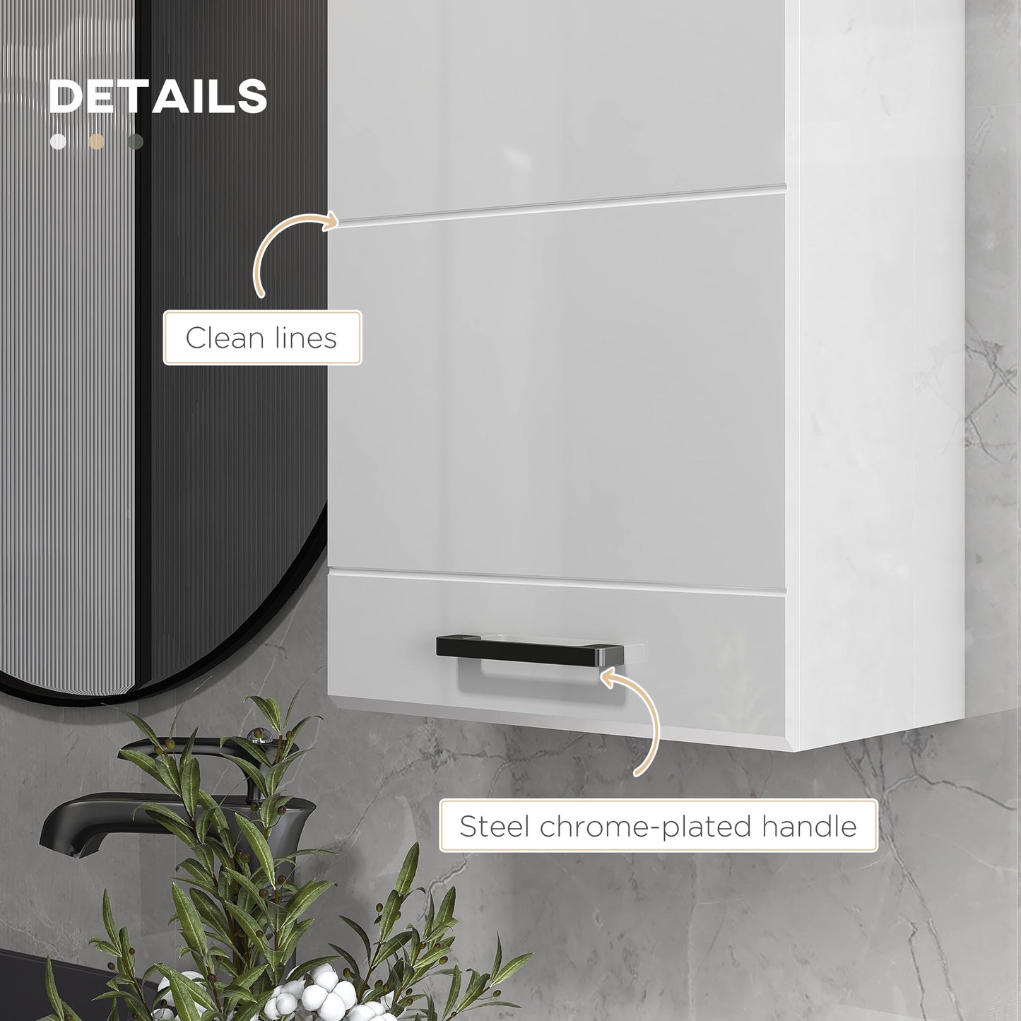 Bathroom Wall Cabinet, High Gloss Wall Mount Bathroom Storage Cabinet with Soft-Close Door, 3 Shelves, Adjustable Shelf for Hallway, Living Room, Over Toilet, 37x22.5x70 cm, White
