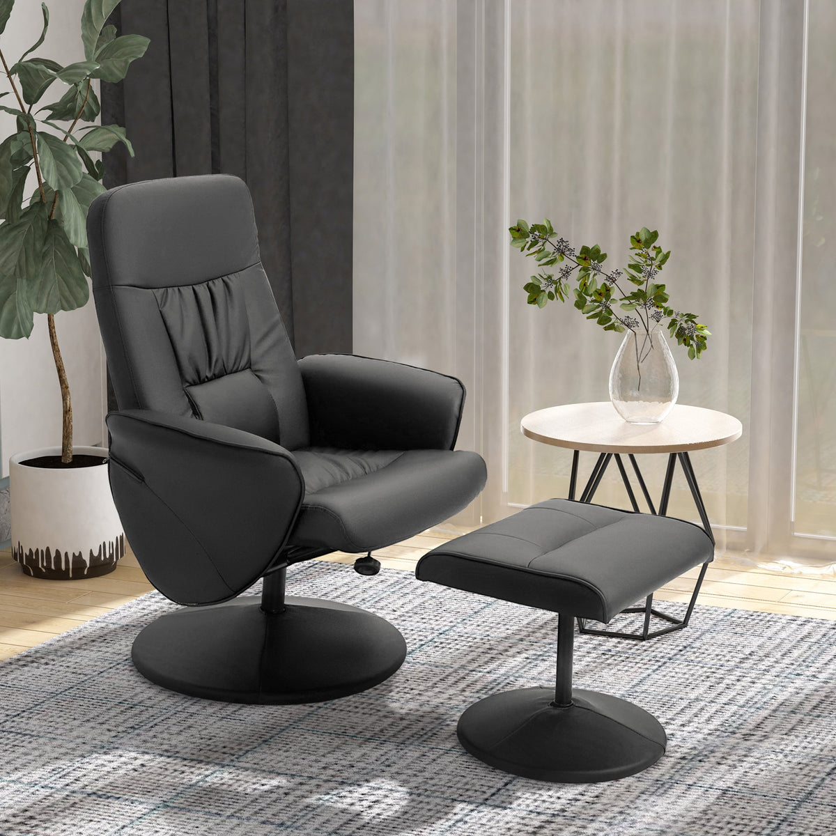 HOMCOM Swivel Recliner Chair with Footstool, PU Leather Armchair and Ottoman with High Back and Round Base for Living Room, Black