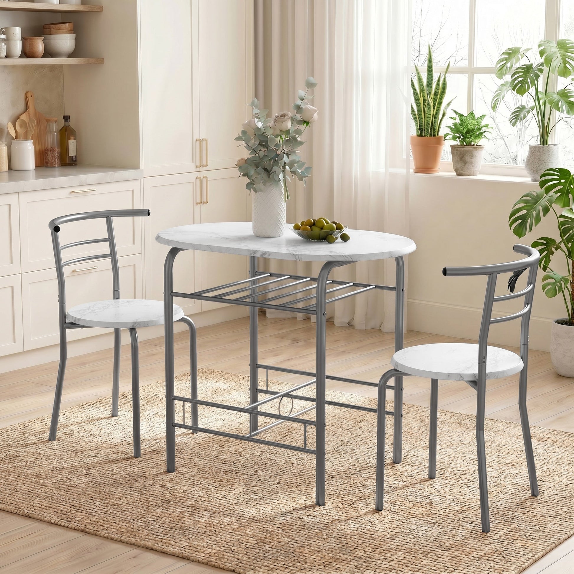 Dining Table and Chairs Set 3, Breakfast Bar Table and 2 Chairs with Storage Shelf, Marble-Effect Tabletop, Metal Frame, Dining Room Set for Living Room, Small Space, White