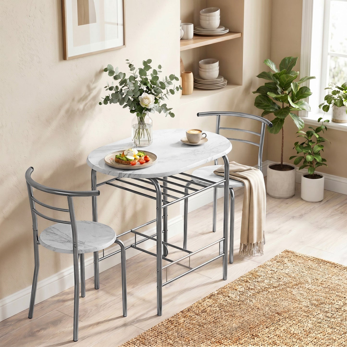Dining Table and Chairs Set 3, Breakfast Bar Table and 2 Chairs with Storage Shelf, Marble-Effect Tabletop, Metal Frame, Dining Room Set for Living Room, Small Space, White