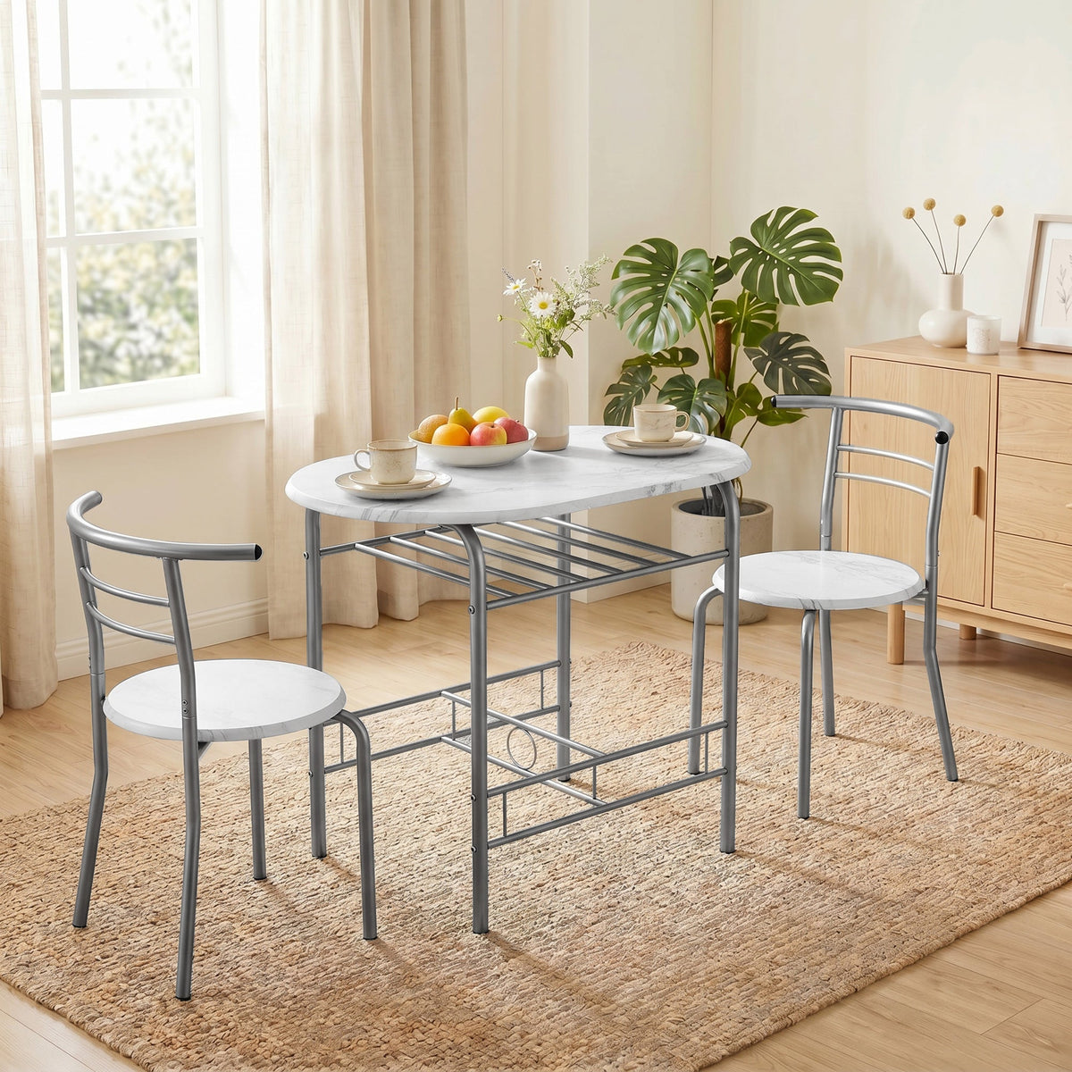 Dining Table and Chairs Set 3, Breakfast Bar Table and 2 Chairs with Storage Shelf, Marble-Effect Tabletop, Metal Frame, Dining Room Set for Living Room, Small Space, White