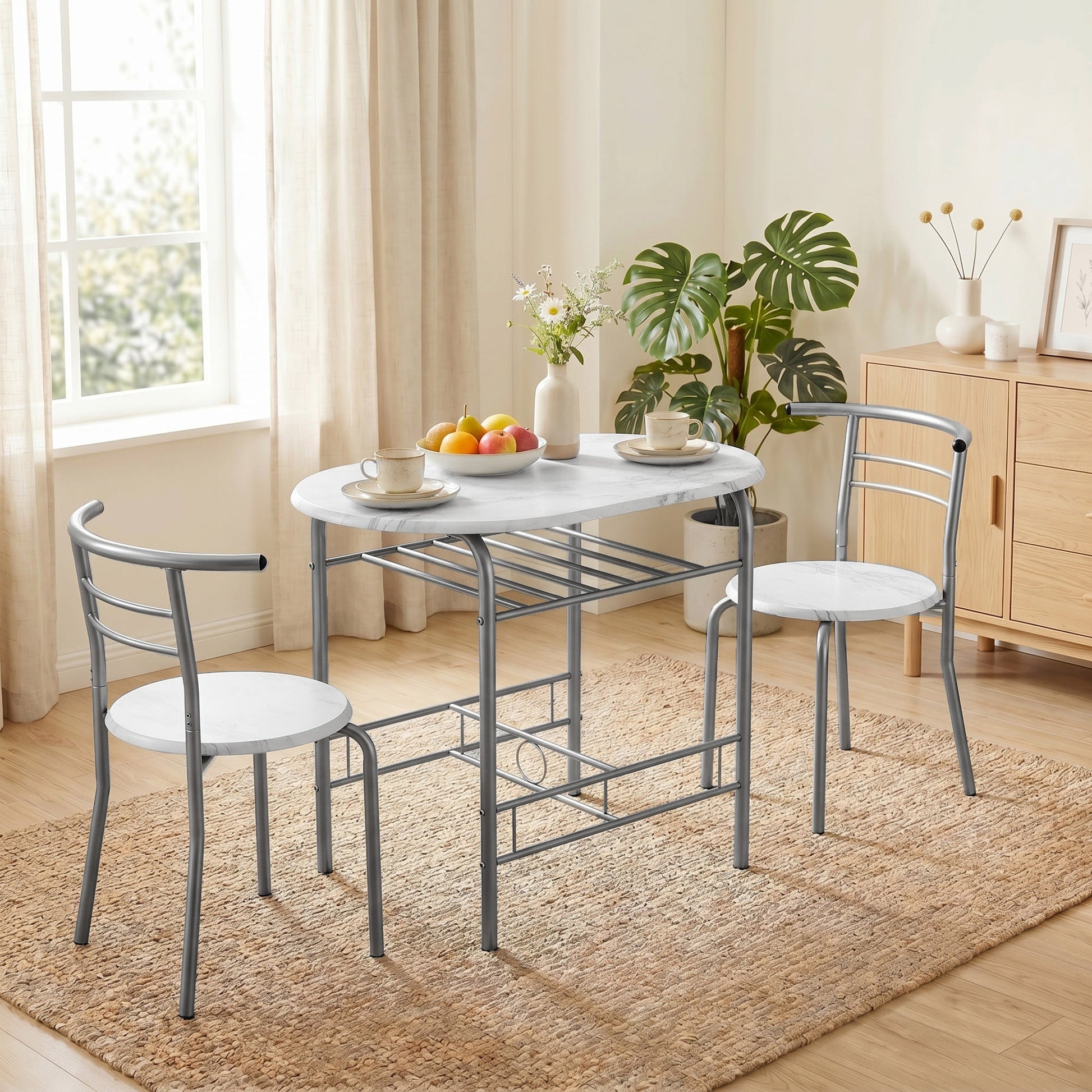 Dining Table and Chairs Set 3, Breakfast Bar Table and 2 Chairs with Storage Shelf, Marble-Effect Tabletop, Metal Frame, Dining Room Set for Living Room, Small Space, White