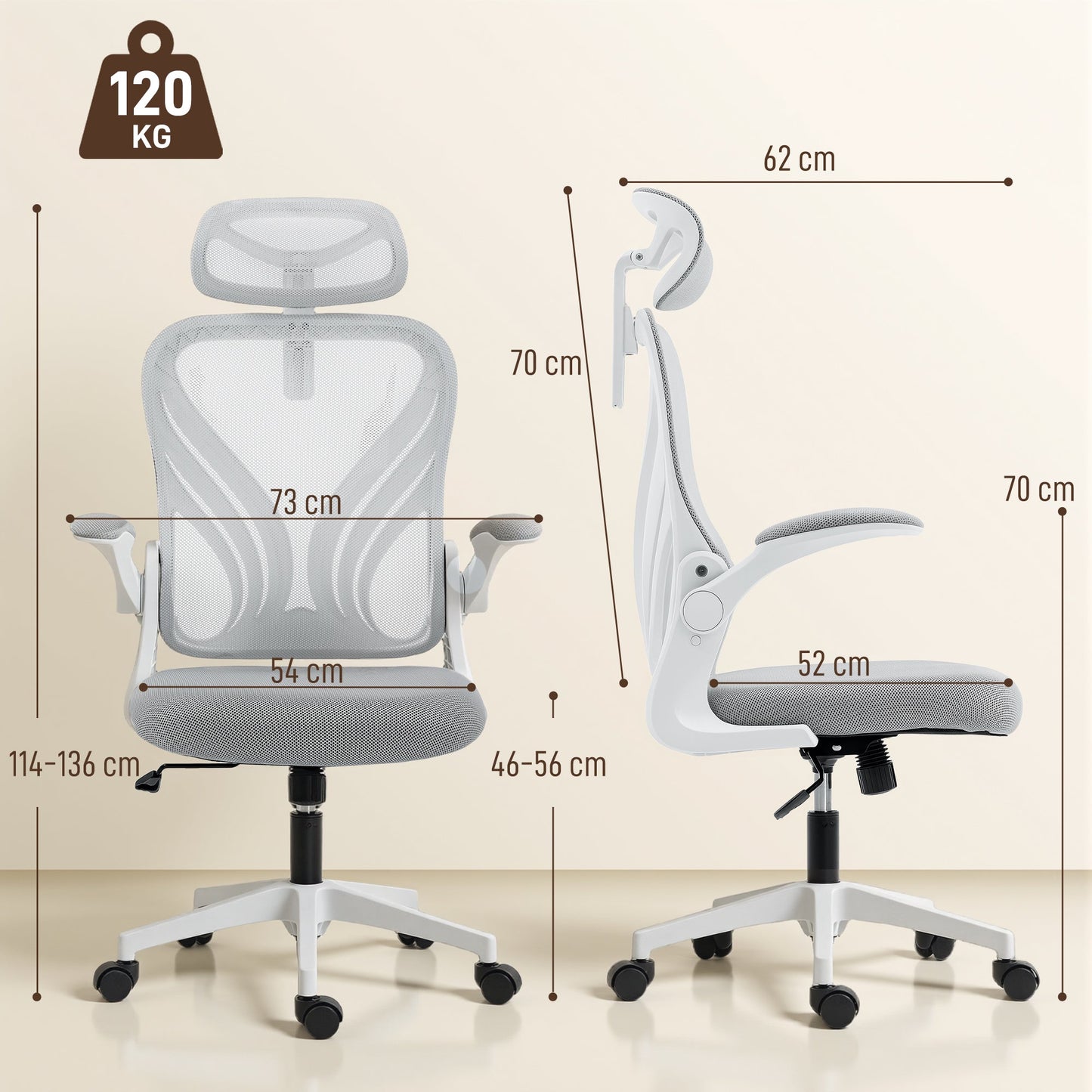 Ergonomic Office Chair, High Back Mesh Desk Chair with Foldable Backrest, 2D Headrest, Flip-up Armrest, Lumbar Support, Tilt Function, Swivel Wheels for Home Office, Light Grey