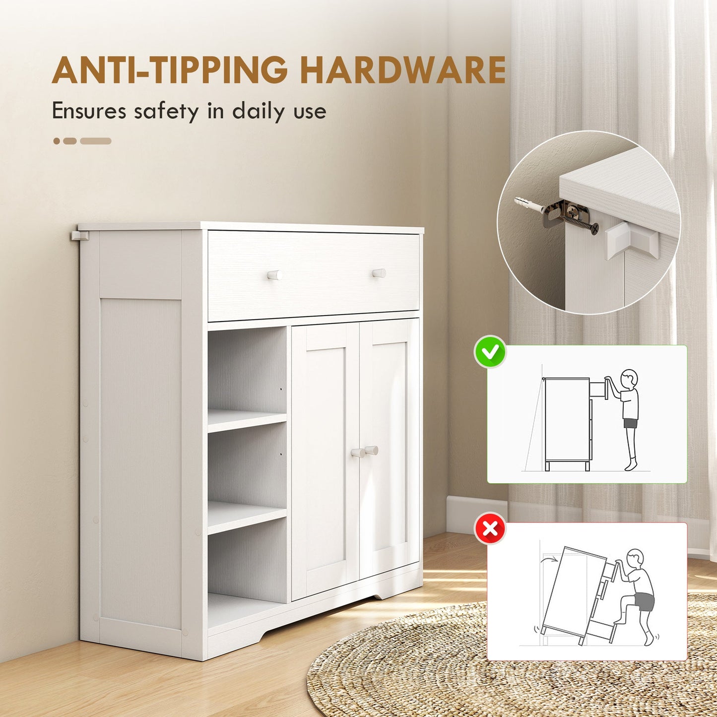 Bathroom Floor Cabinet, Freestanding Bathroom Cabinet with Drawer, Door, Open Shelves, for Bathroom, Bedroom and Living Room, White
