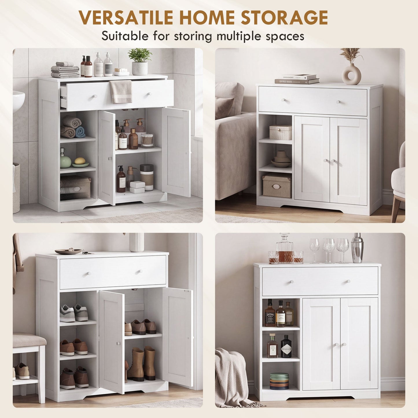 Bathroom Floor Cabinet, Freestanding Bathroom Cabinet with Drawer, Door, Open Shelves, for Bathroom, Bedroom and Living Room, White