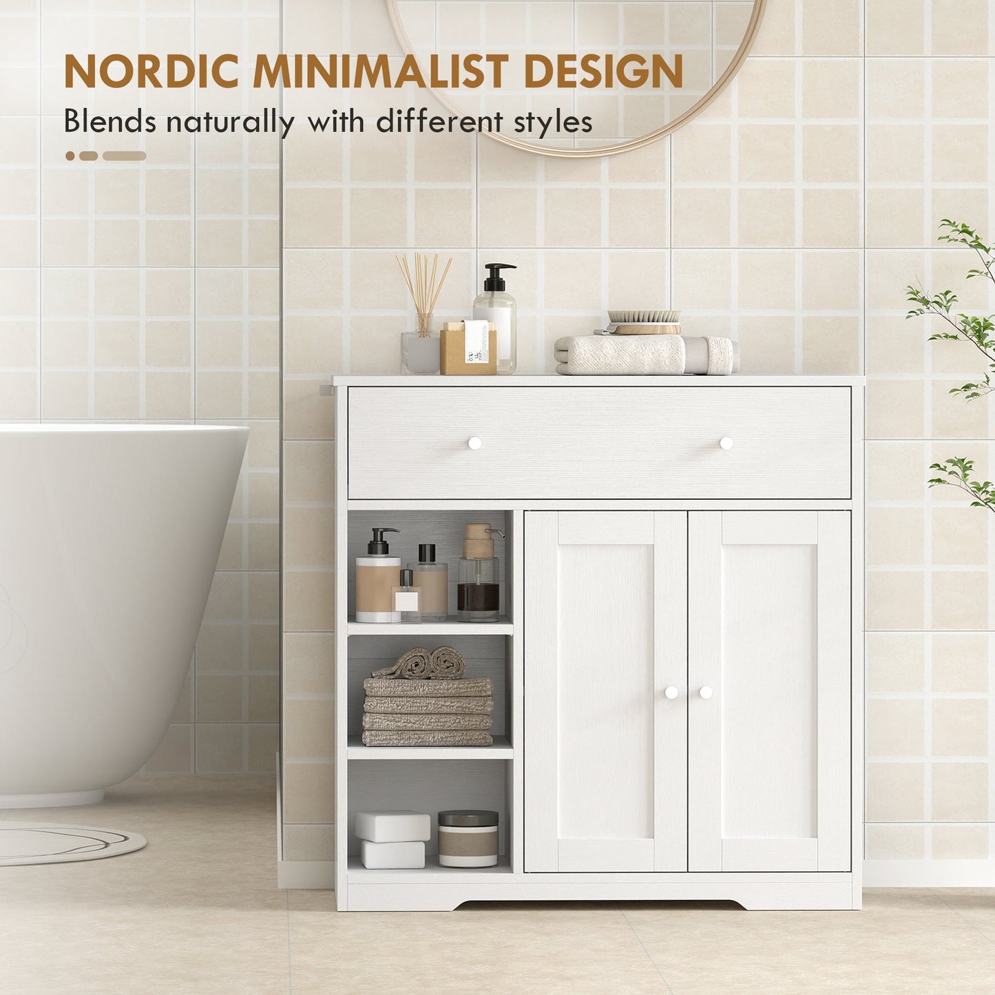 Bathroom Floor Cabinet, Freestanding Bathroom Cabinet with Drawer, Door, Open Shelves, for Bathroom, Bedroom and Living Room, White