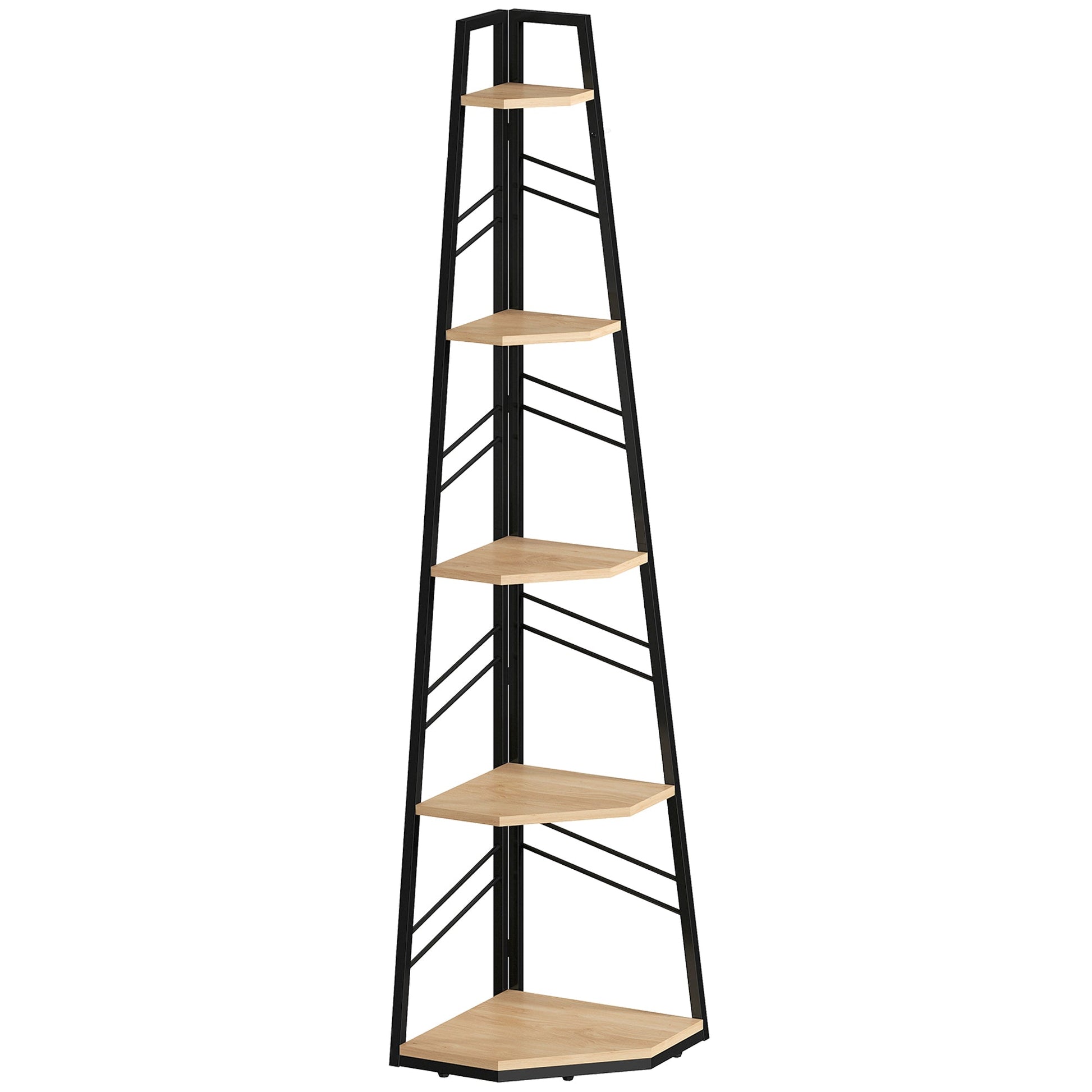Corner Bookcase, 5-Tier Floor Standing Bookshelf, Shelving Unit for Living Room, Study, Bedroom, Natural Wood Finish