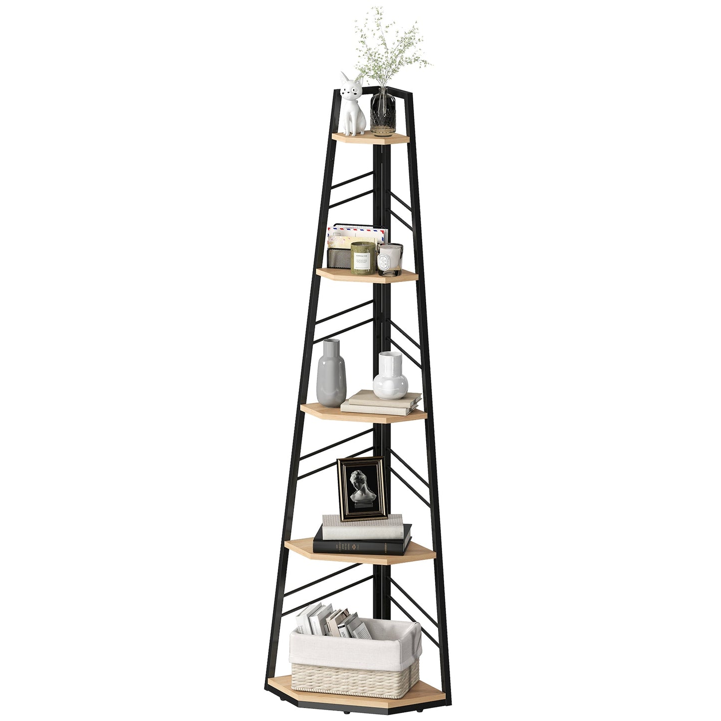 Corner Bookcase, 5-Tier Floor Standing Bookshelf, Shelving Unit for Living Room, Study, Bedroom, Natural Wood Finish