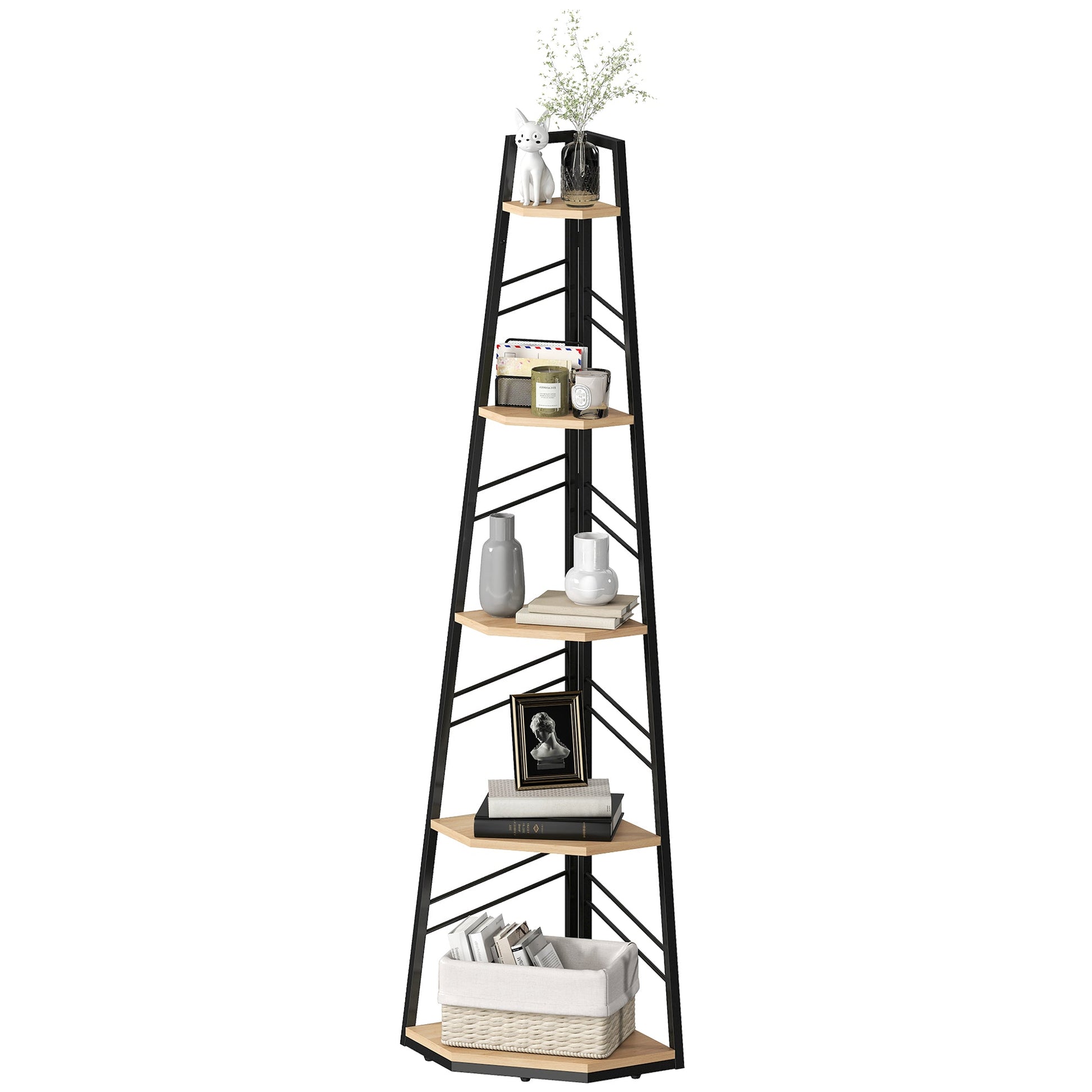 Corner Bookcase, 5-Tier Floor Standing Bookshelf, Shelving Unit for Living Room, Study, Bedroom, Natural Wood Finish