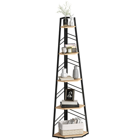 Corner Bookcase, 5-Tier Floor Standing Bookshelf, Shelving Unit for Living Room, Study, Bedroom, Natural Wood Finish