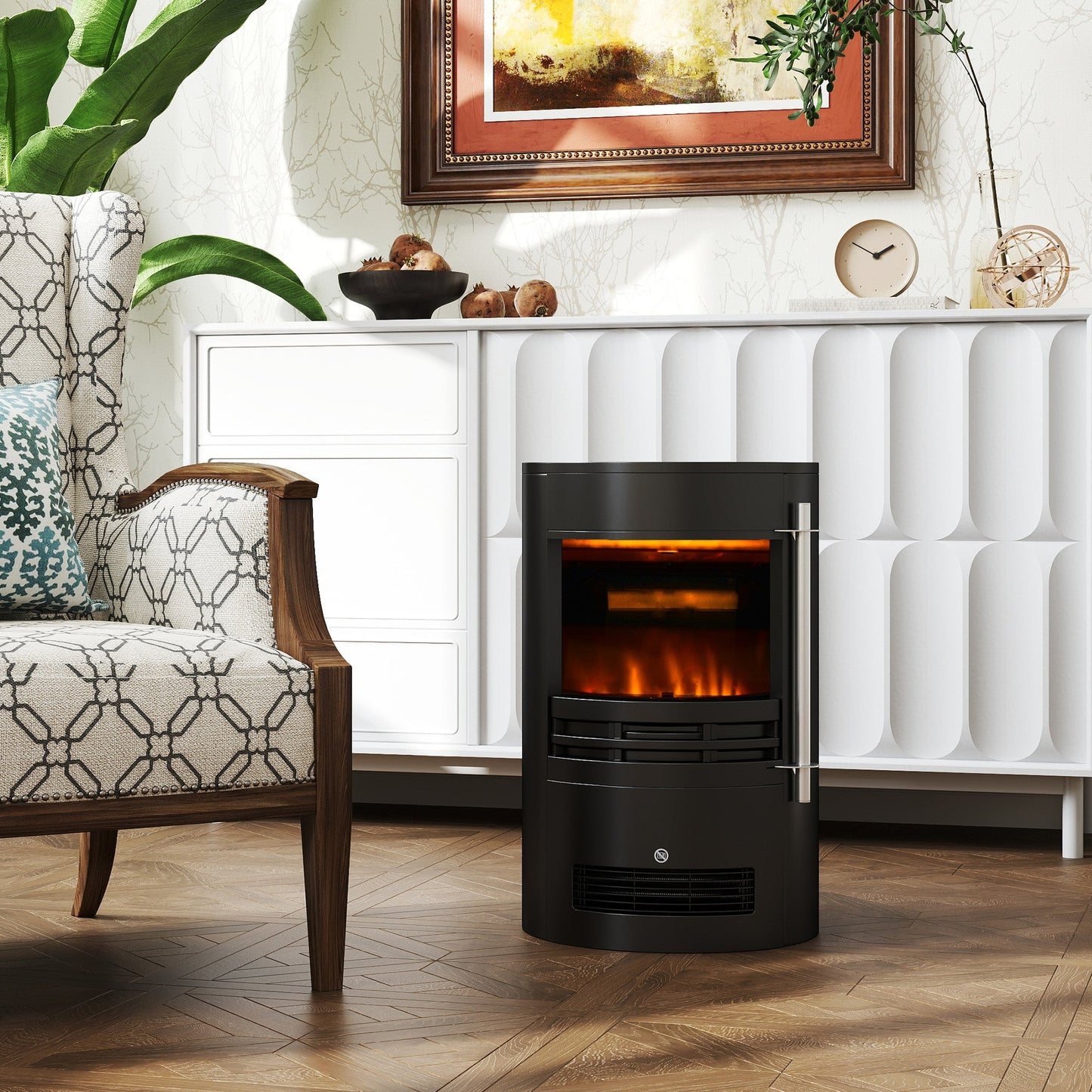 1000W/2000W Freestanding Electric Fireplace, Indoor Heater Fire Stove with Log Burner Effect Flame, Thermostat Control