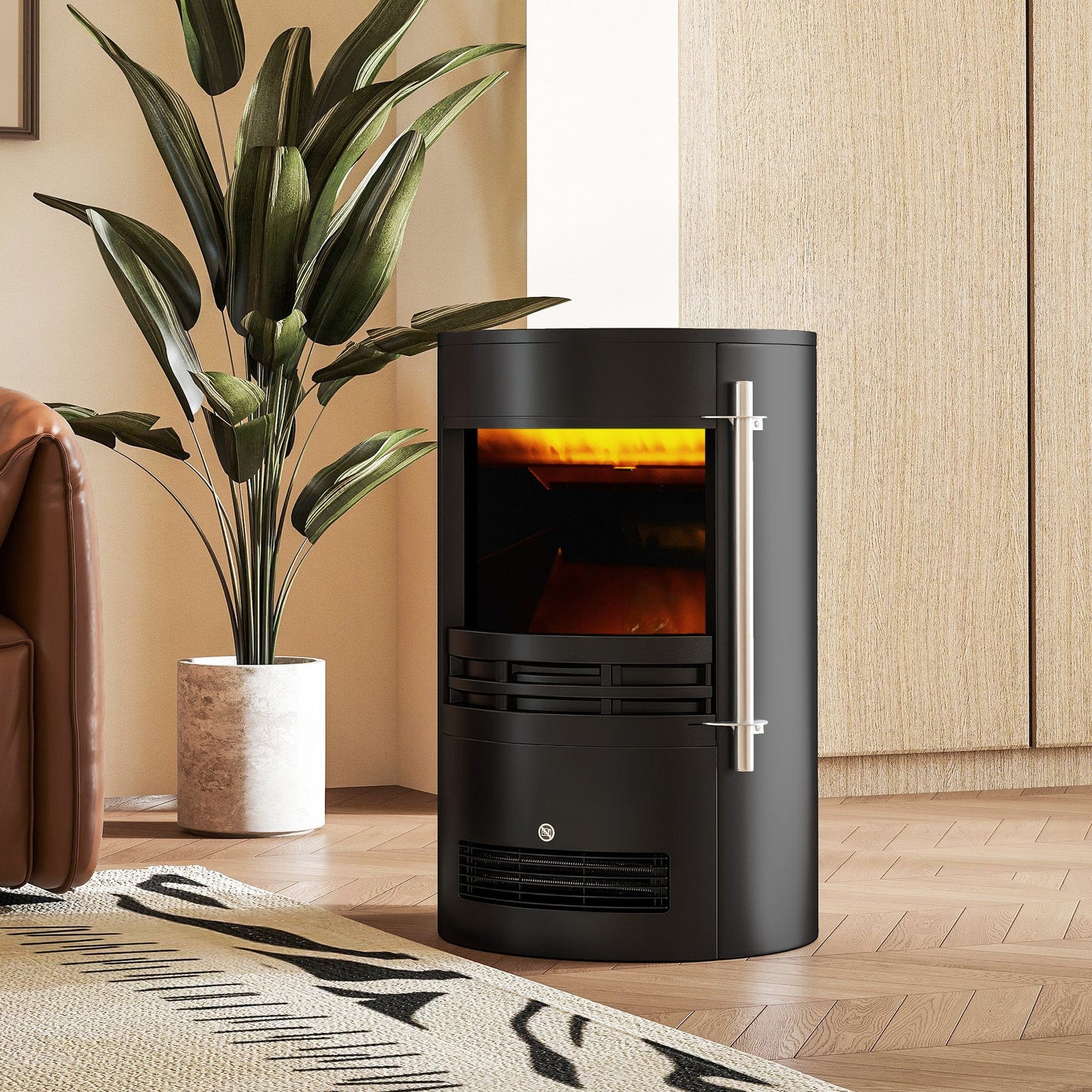 1000W/2000W Freestanding Electric Fireplace, Indoor Heater Fire Stove with Log Burner Effect Flame, Thermostat Control