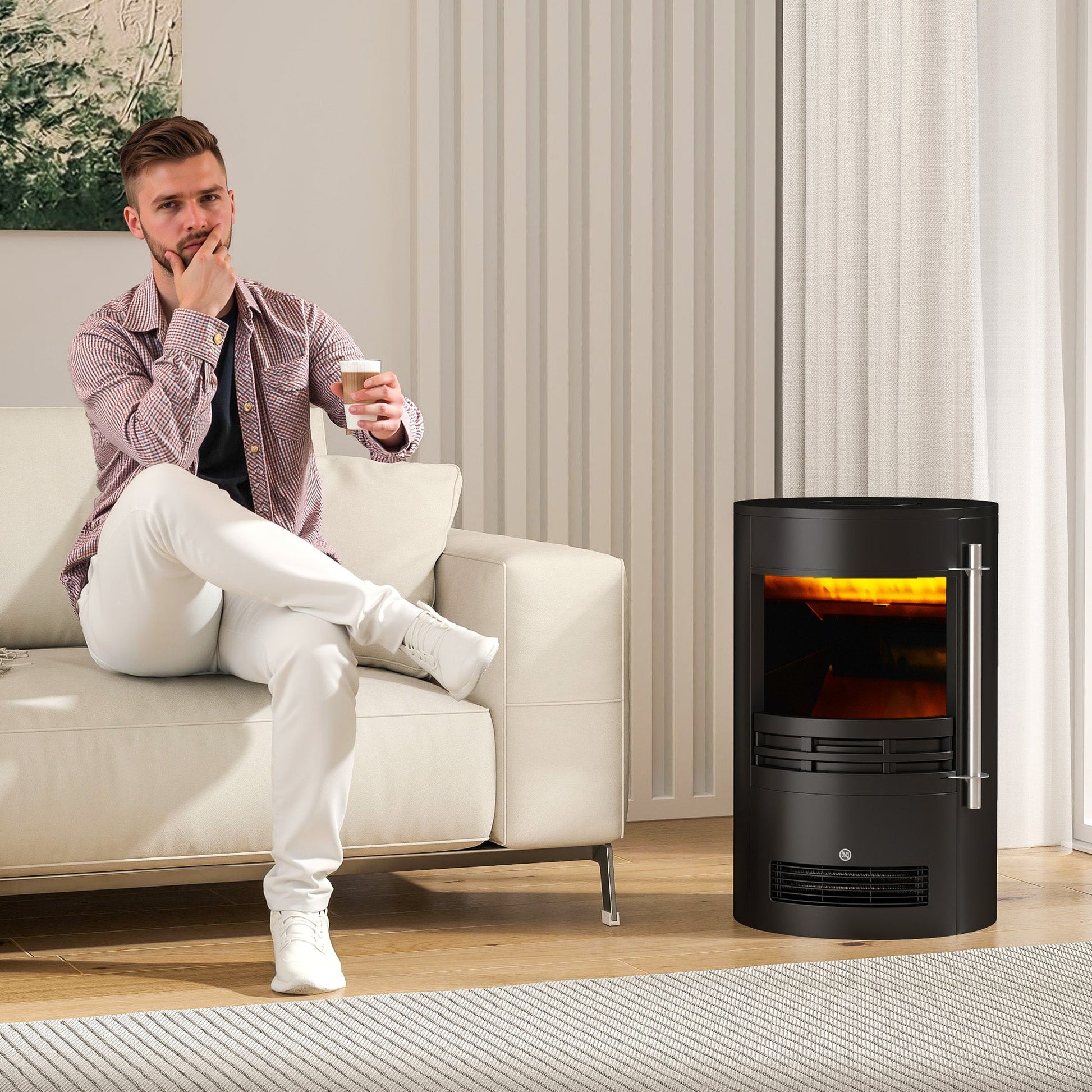 1000W/2000W Freestanding Electric Fireplace, Indoor Heater Fire Stove with Log Burner Effect Flame, Thermostat Control