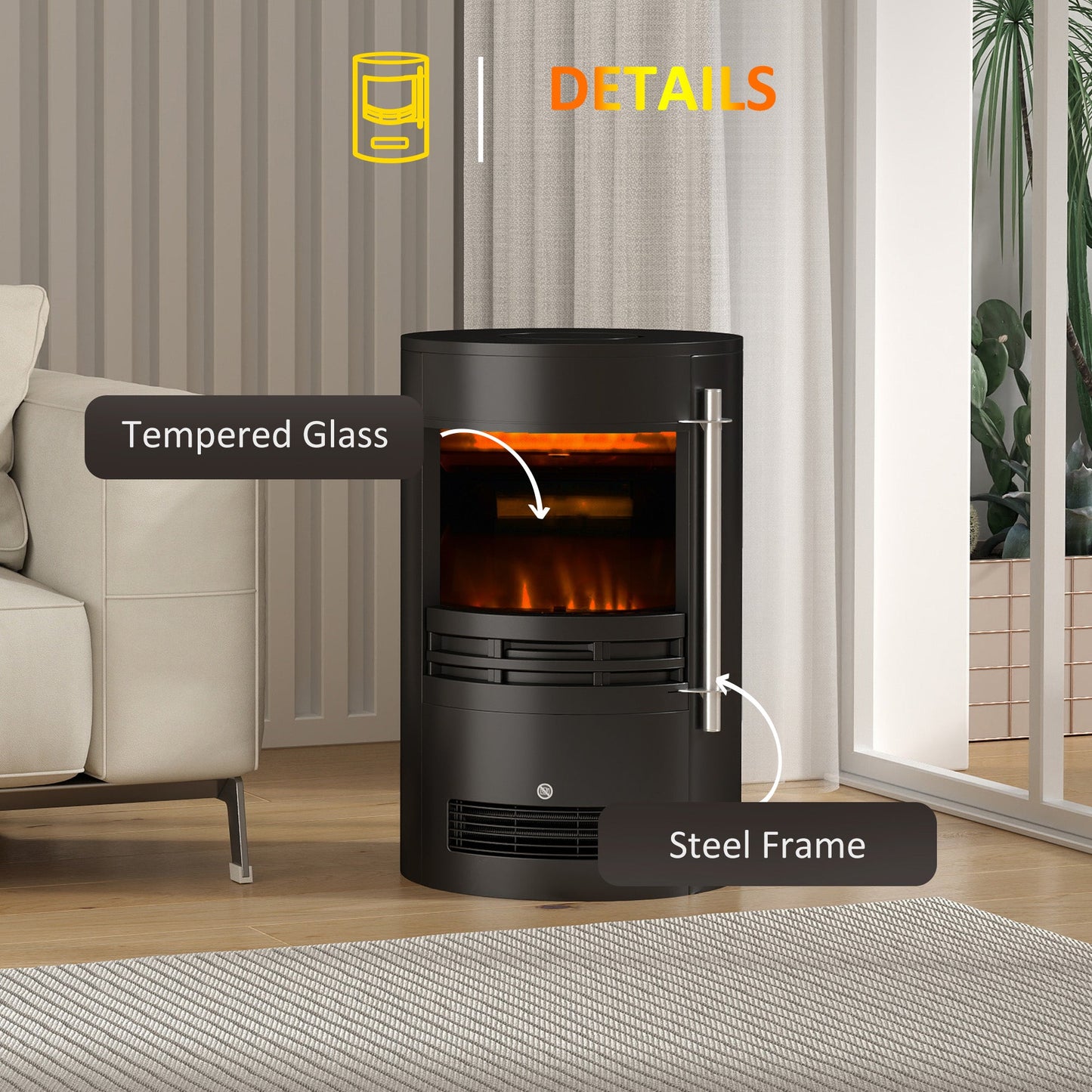1000W/2000W Freestanding Electric Fireplace, Indoor Heater Fire Stove with Log Burner Effect Flame, Thermostat Control