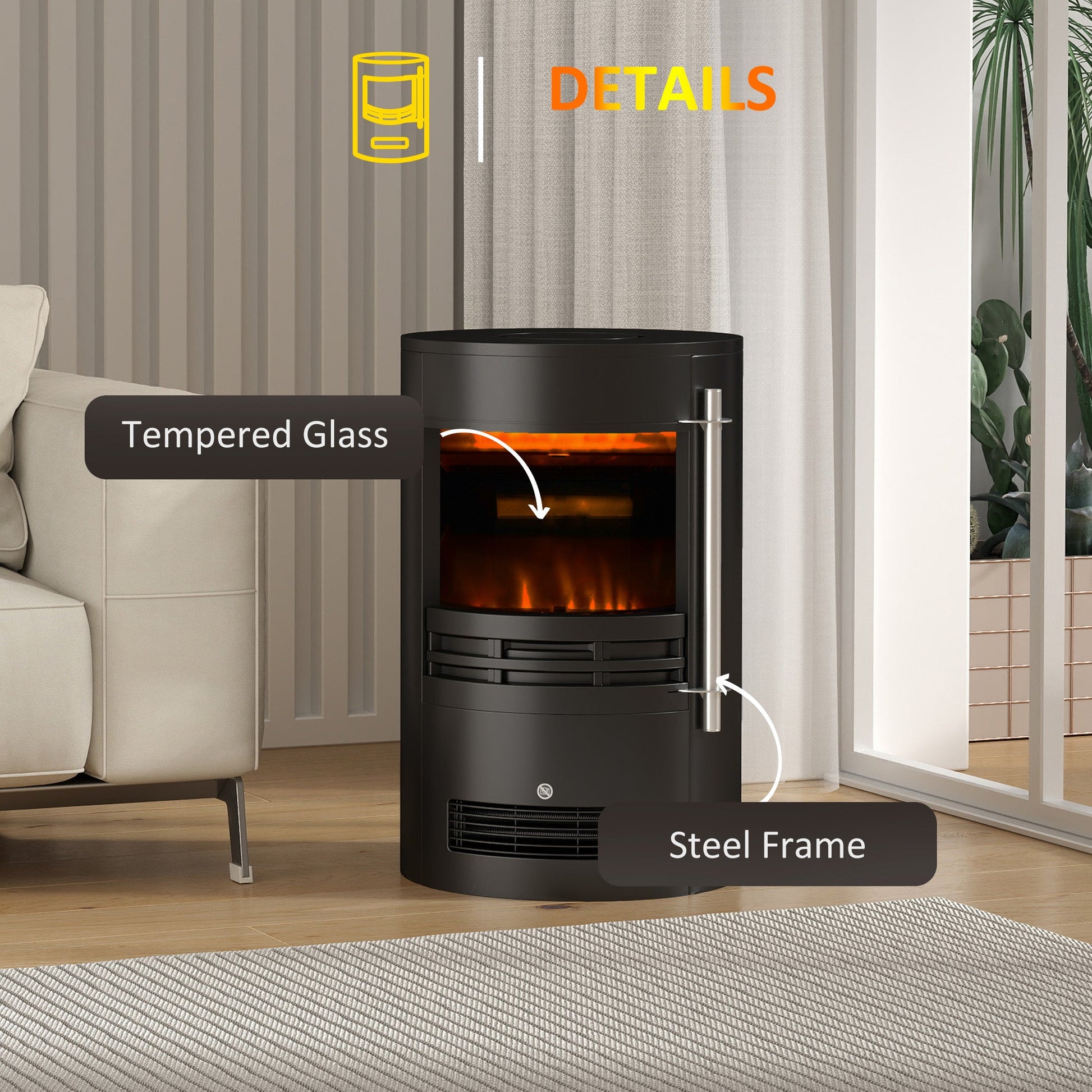 1000W/2000W Freestanding Electric Fireplace, Indoor Heater Fire Stove with Log Burner Effect Flame, Thermostat Control