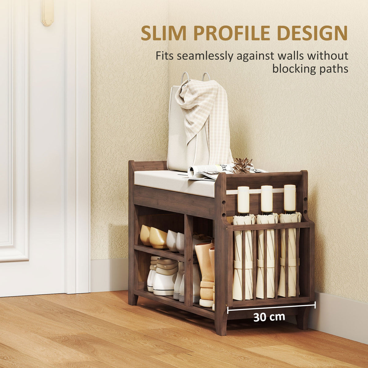Shoe Bench with Cushioned Seat, Shoe Storage Bench with Side Holder and Boot Section, 2-Tier Natural Bamboo Entryway Rack for Hallway, Living Room, 100 x 30 x 50 cm, Dark Brown and Cream
