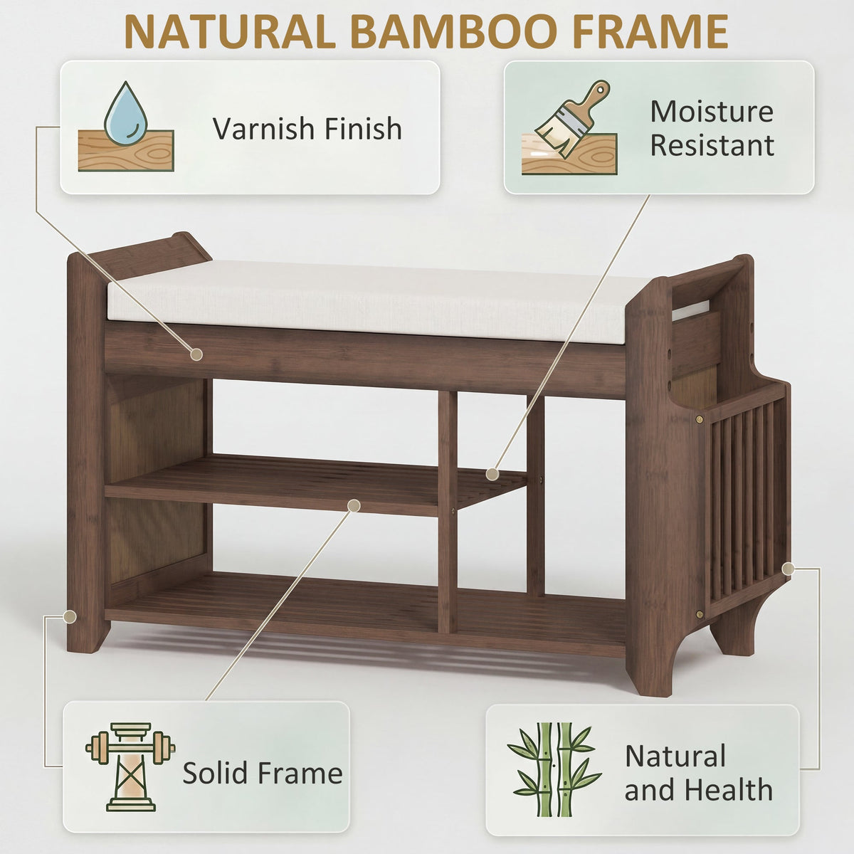 Shoe Bench with Cushioned Seat, Shoe Storage Bench with Side Holder and Boot Section, 2-Tier Natural Bamboo Entryway Rack for Hallway, Living Room, 100 x 30 x 50 cm, Dark Brown and Cream