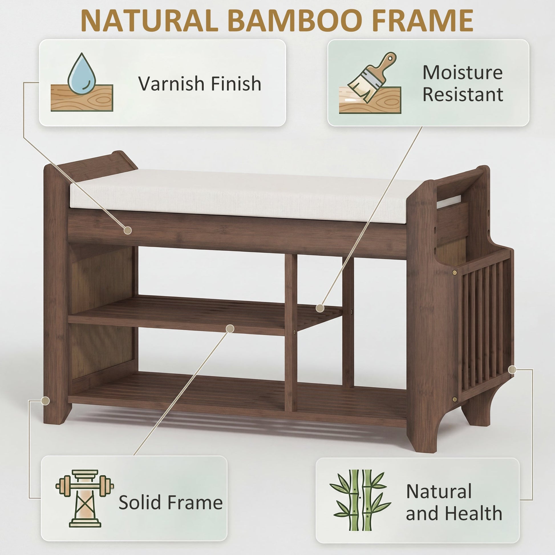 Shoe Bench with Cushioned Seat, Shoe Storage Bench with Side Holder and Boot Section, 2-Tier Natural Bamboo Entryway Rack for Hallway, Living Room, 100 x 30 x 50 cm, Dark Brown and Cream