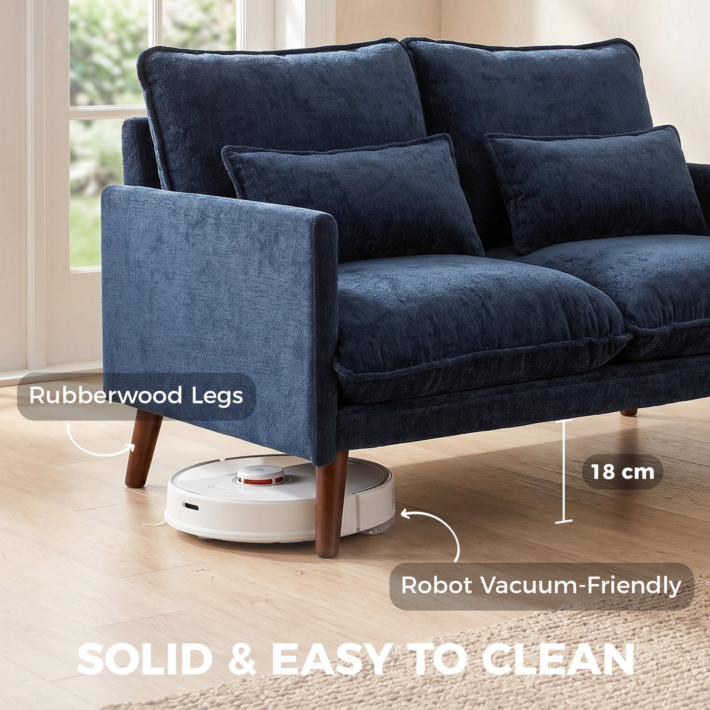 2 Seater Sofa, 131cm Velvet-Feel Fabric Loveseat Sofa with Spring Cushions, Wide and Deep Seat, Wood Legs, 2 Pillows, Modern Couch Settee for Small Space, Living Room, Bedroom, Office, Blue
