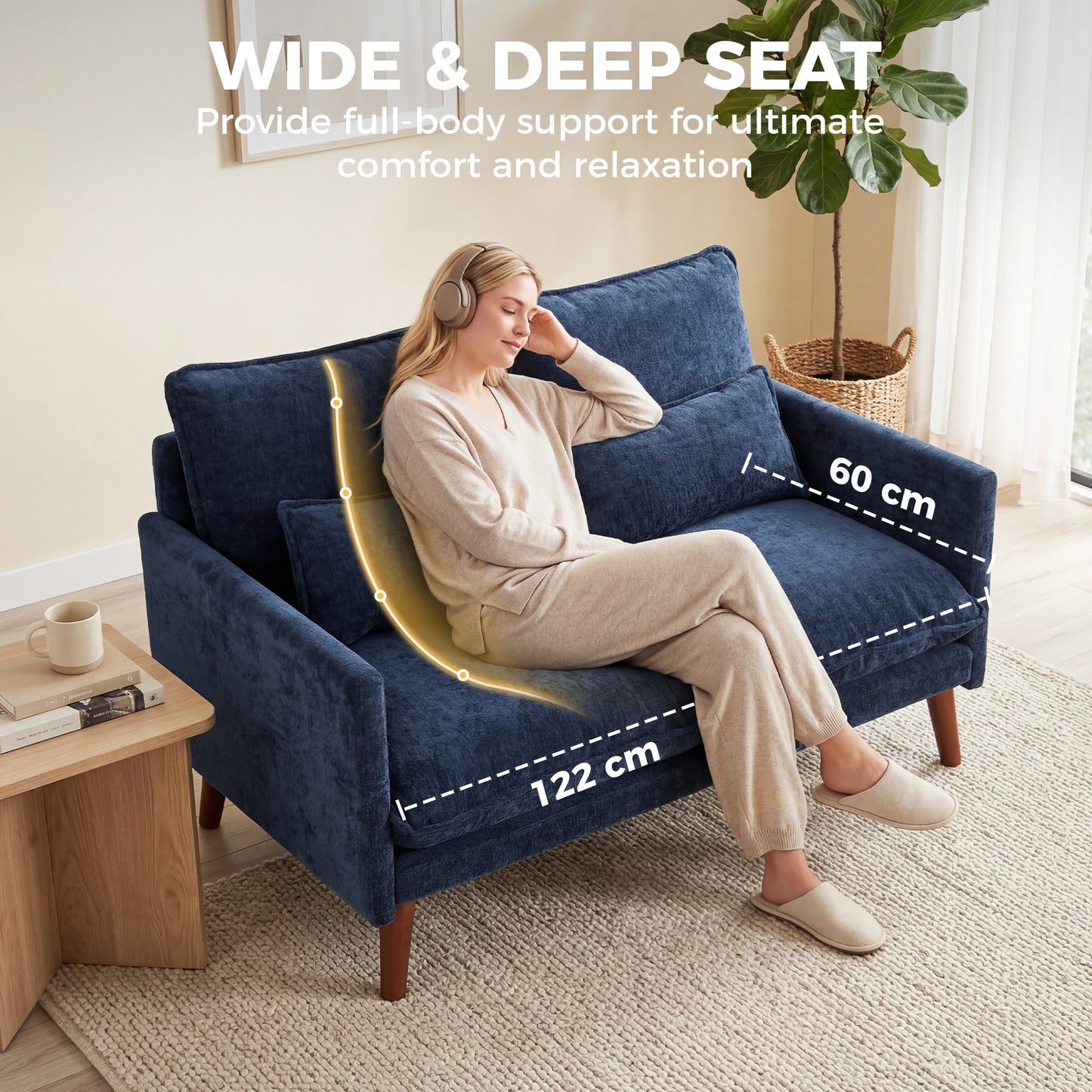 2 Seater Sofa, 131cm Velvet-Feel Fabric Loveseat Sofa with Spring Cushions, Wide and Deep Seat, Wood Legs, 2 Pillows, Modern Couch Settee for Small Space, Living Room, Bedroom, Office, Blue