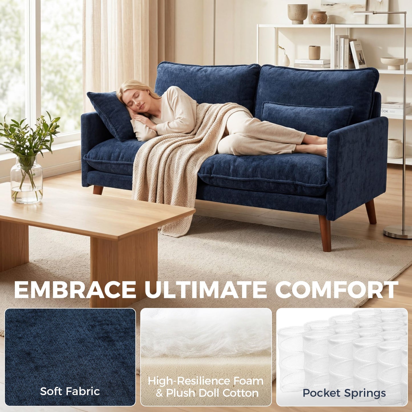 2 Seater Sofa, 131cm Velvet-Feel Fabric Loveseat Sofa with Spring Cushions, Wide and Deep Seat, Wood Legs, 2 Pillows, Modern Couch Settee for Small Space, Living Room, Bedroom, Office, Blue