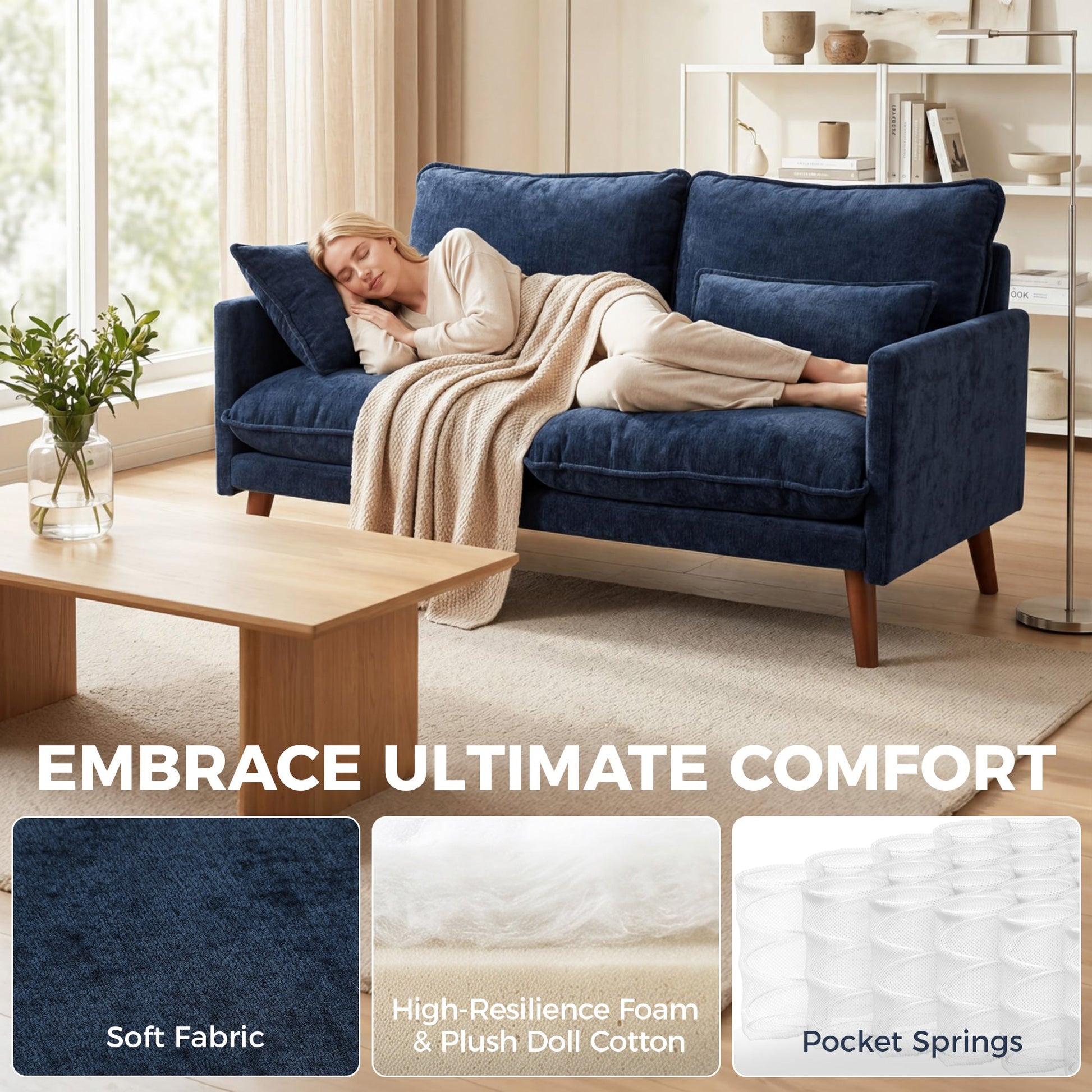 2 Seater Sofa, 131cm Velvet-Feel Fabric Loveseat Sofa with Spring Cushions, Wide and Deep Seat, Wood Legs, 2 Pillows, Modern Couch Settee for Small Space, Living Room, Bedroom, Office, Blue