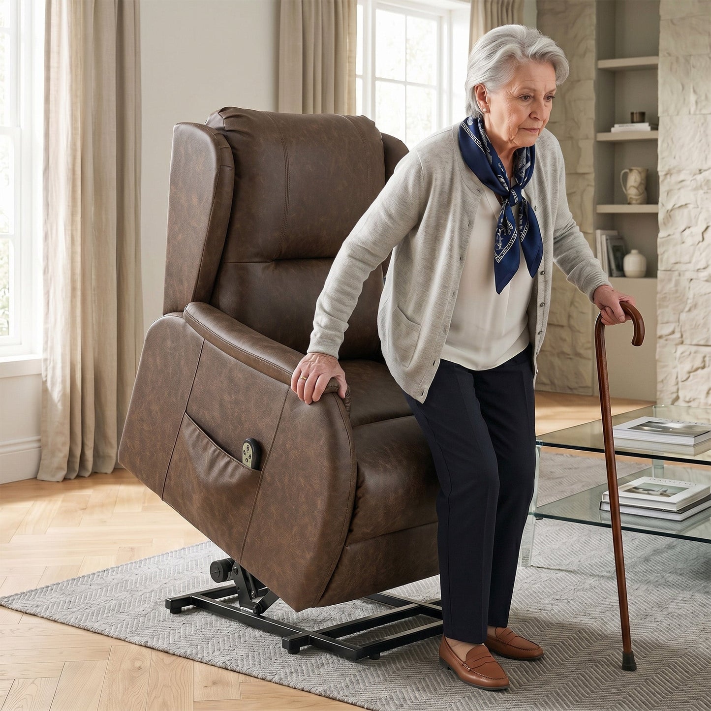 Dual Motor Power Lift Recliner Chair, Electric Lift Chair for Elderly, Faux Leather Riser and Reclining Armchair with Remote Control, Side Pockets, for Living Room, Brown
