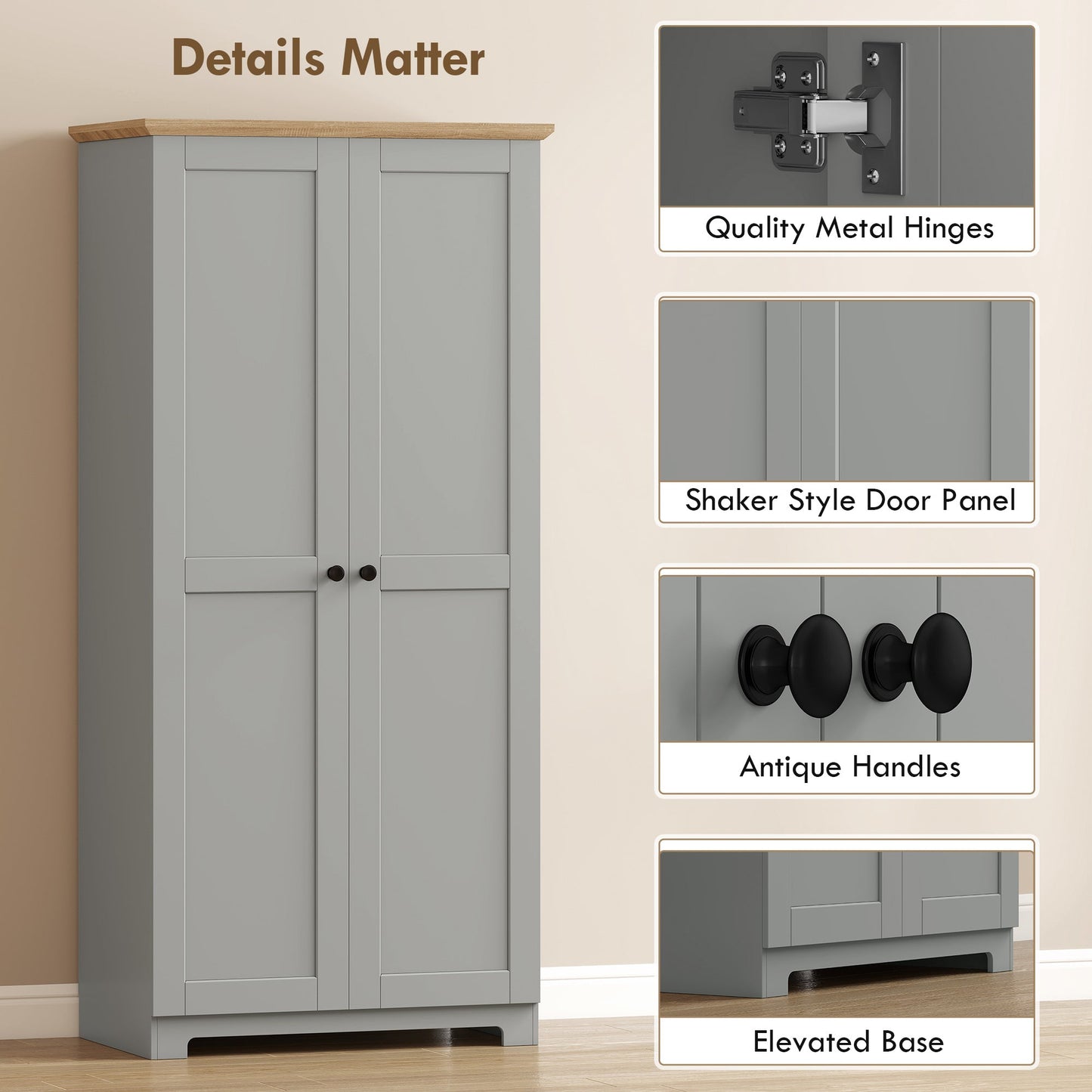 172cm Kitchen Cupboard, Freestanding Storage Cabinet with Doors and Shelves, Modern 2-Door Kitchen Pantry Cupboard for Dining Room, Grey