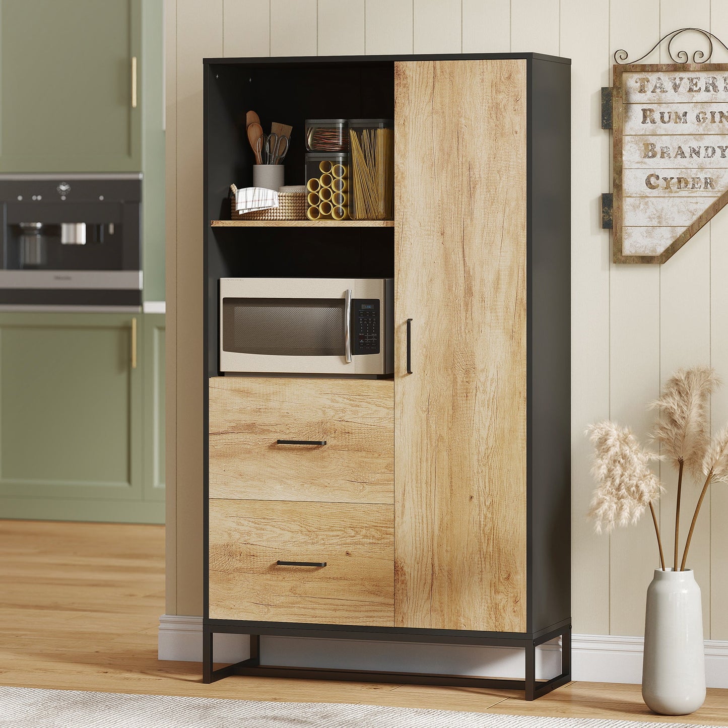160cm Tall Kitchen Cupboard, Kitchen Pantry Sideboard with 2 Open Shelves, 2 Drawers, Adjustable Shelves and Soft Close Door, Storage Cabinet for Living Room, Dinning Room, Natural Wood Finish
