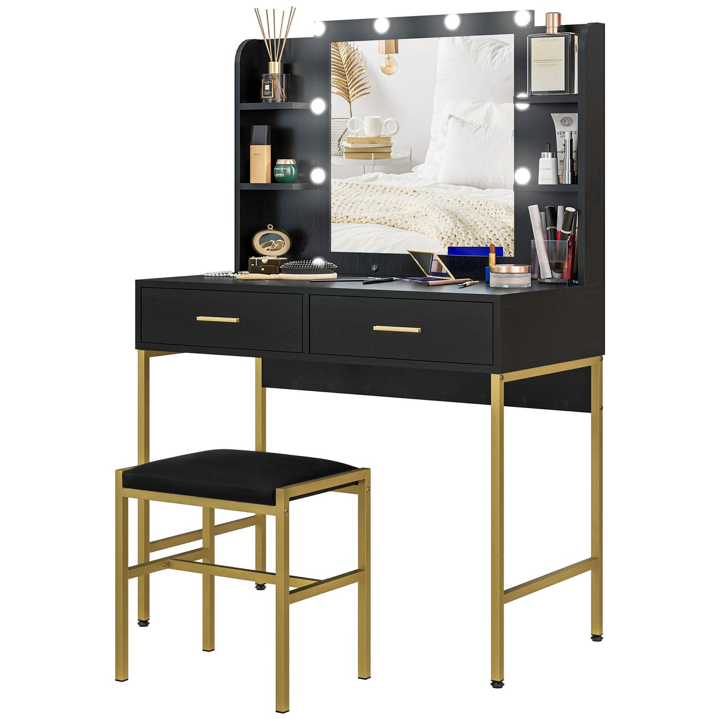 HOMCOM Dressing Table with Lighted Mirror, Cushioned Stool, Drawers, Shelves, LED Makeup Vanity Desk Set, Modern Dresser Vanity Table for Bedroom, Black