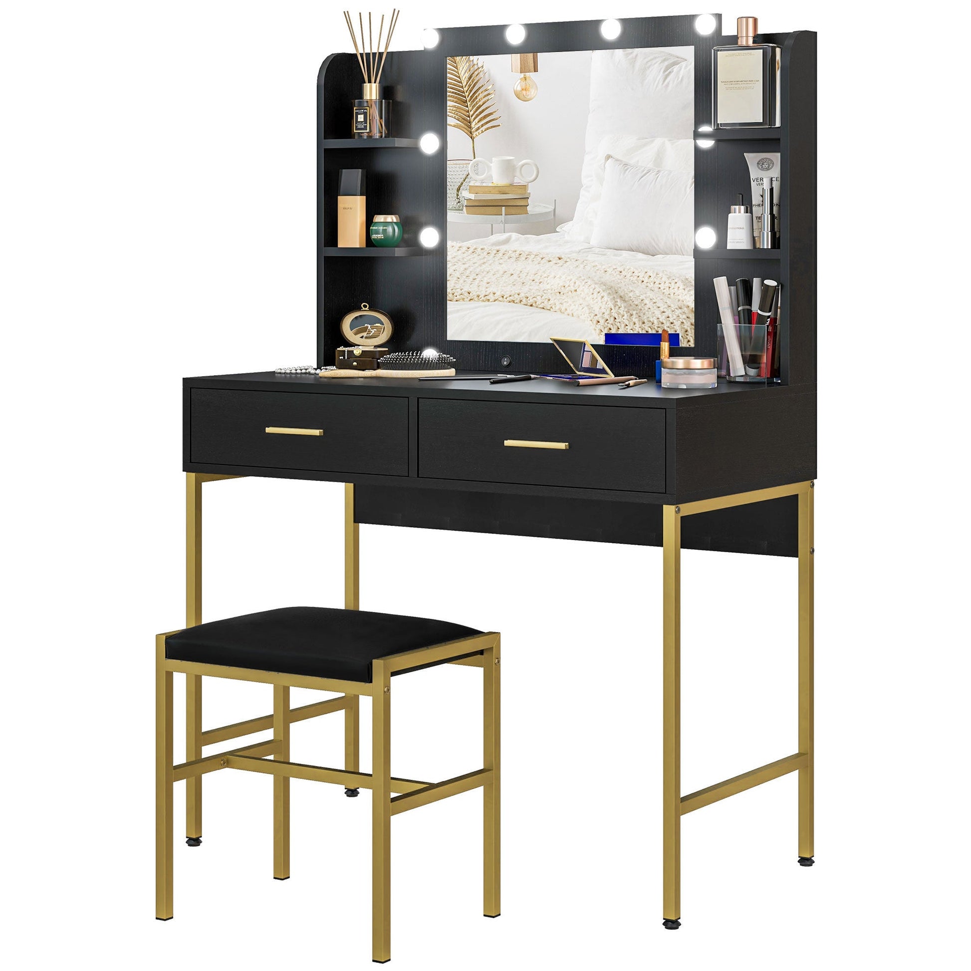 HOMCOM Dressing Table with Lighted Mirror, Cushioned Stool, Drawers, Shelves, LED Makeup Vanity Desk Set, Modern Dresser Vanity Table for Bedroom, Black