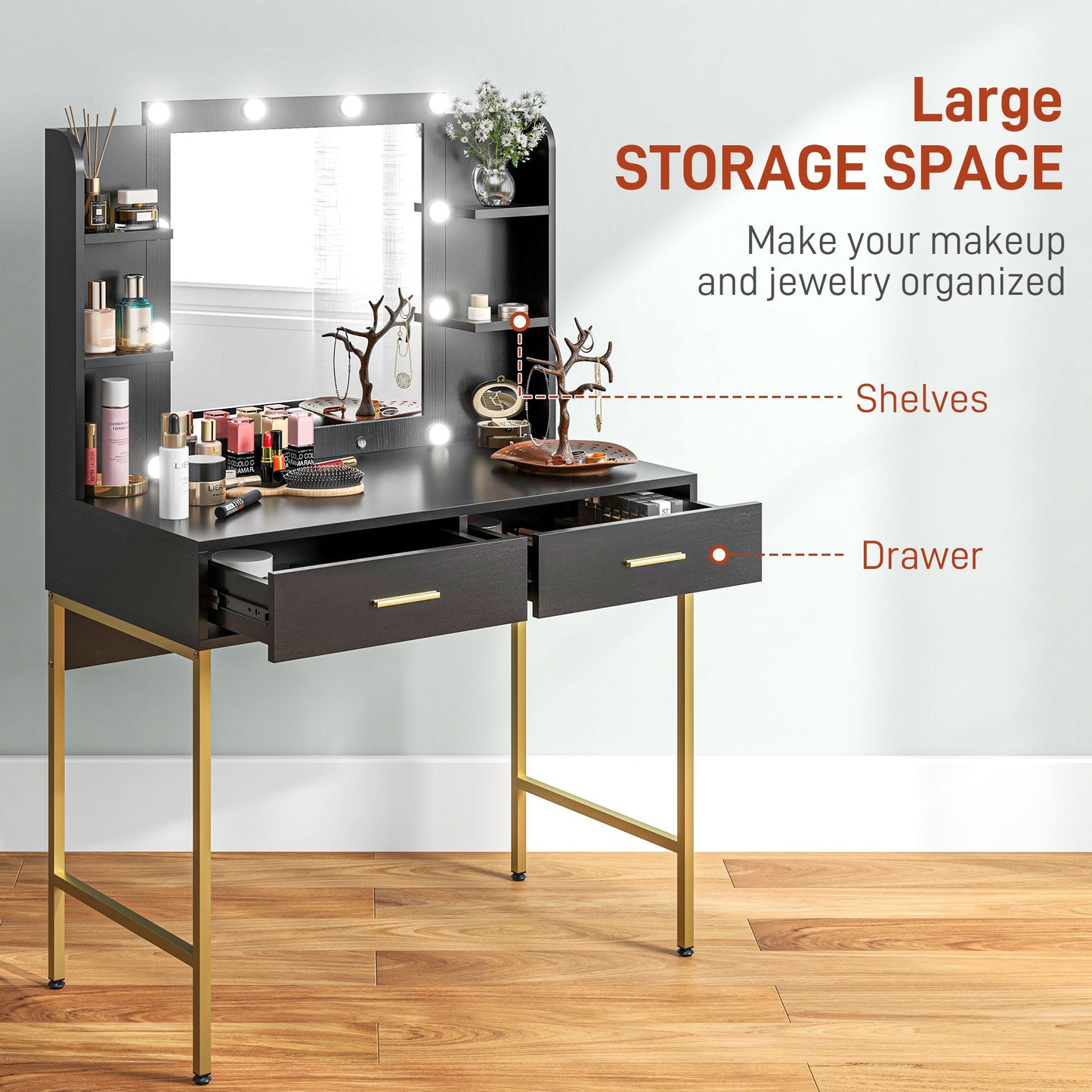 HOMCOM Dressing Table with Lighted Mirror, Cushioned Stool, Drawers, Shelves, LED Makeup Vanity Desk Set, Modern Dresser Vanity Table for Bedroom, Black