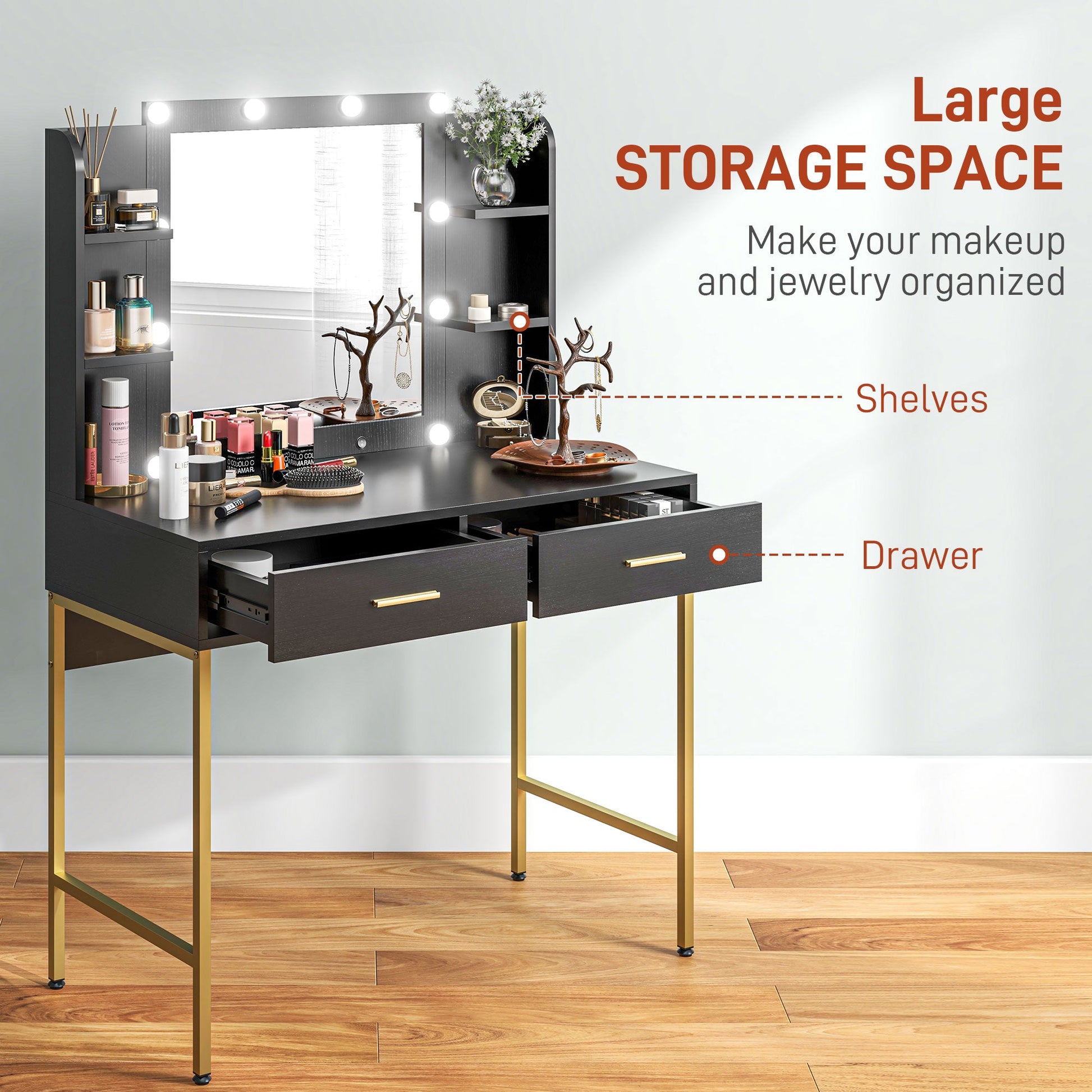 HOMCOM Dressing Table with Lighted Mirror, Cushioned Stool, Drawers, Shelves, LED Makeup Vanity Desk Set, Modern Dresser Vanity Table for Bedroom, Black