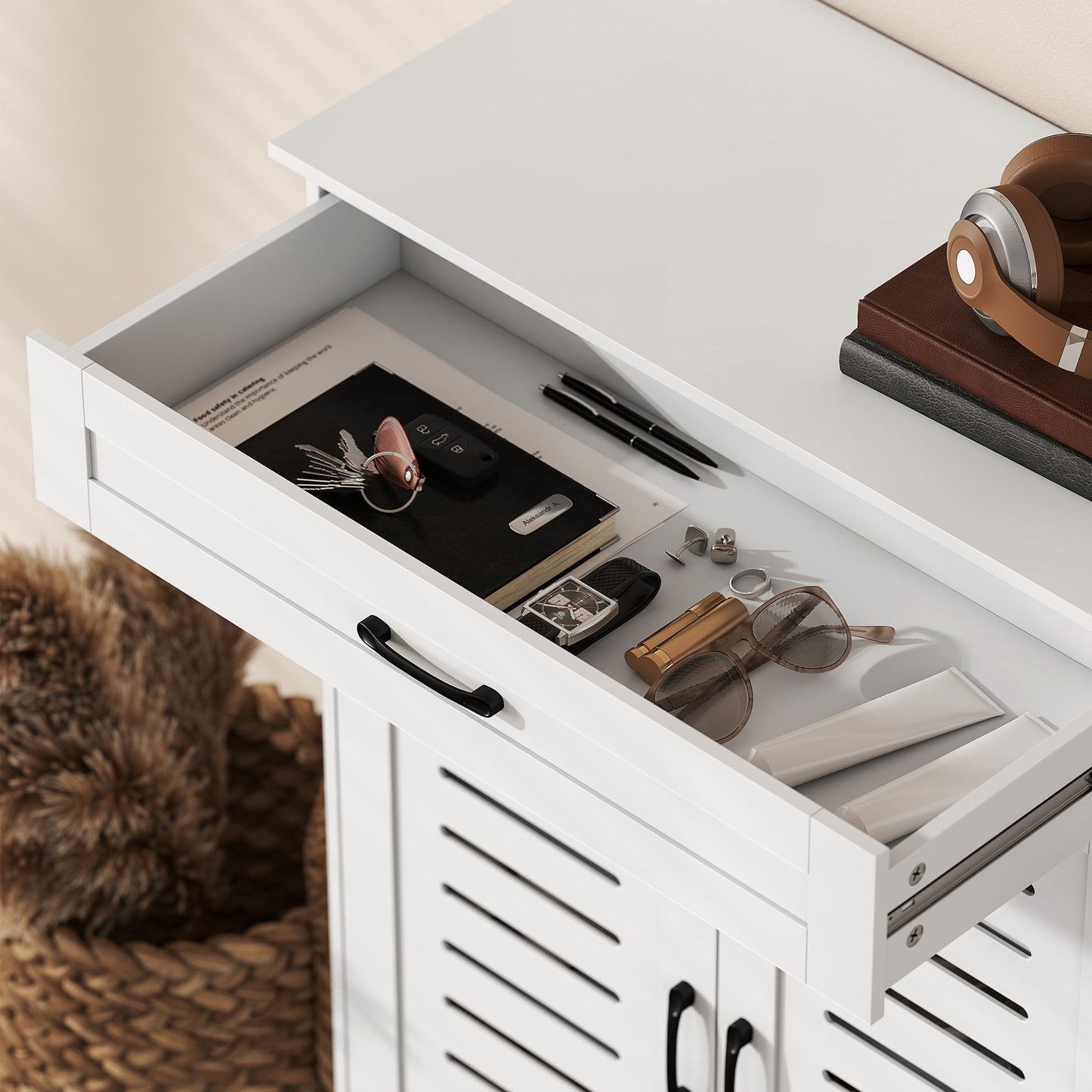 Shoe Cabinet with Louvered Doors, Modern Shoe Storage Cabinet with Drawer and Adjustable Shelves, Holds up to 20 Pairs for Entryway, Hallway, White