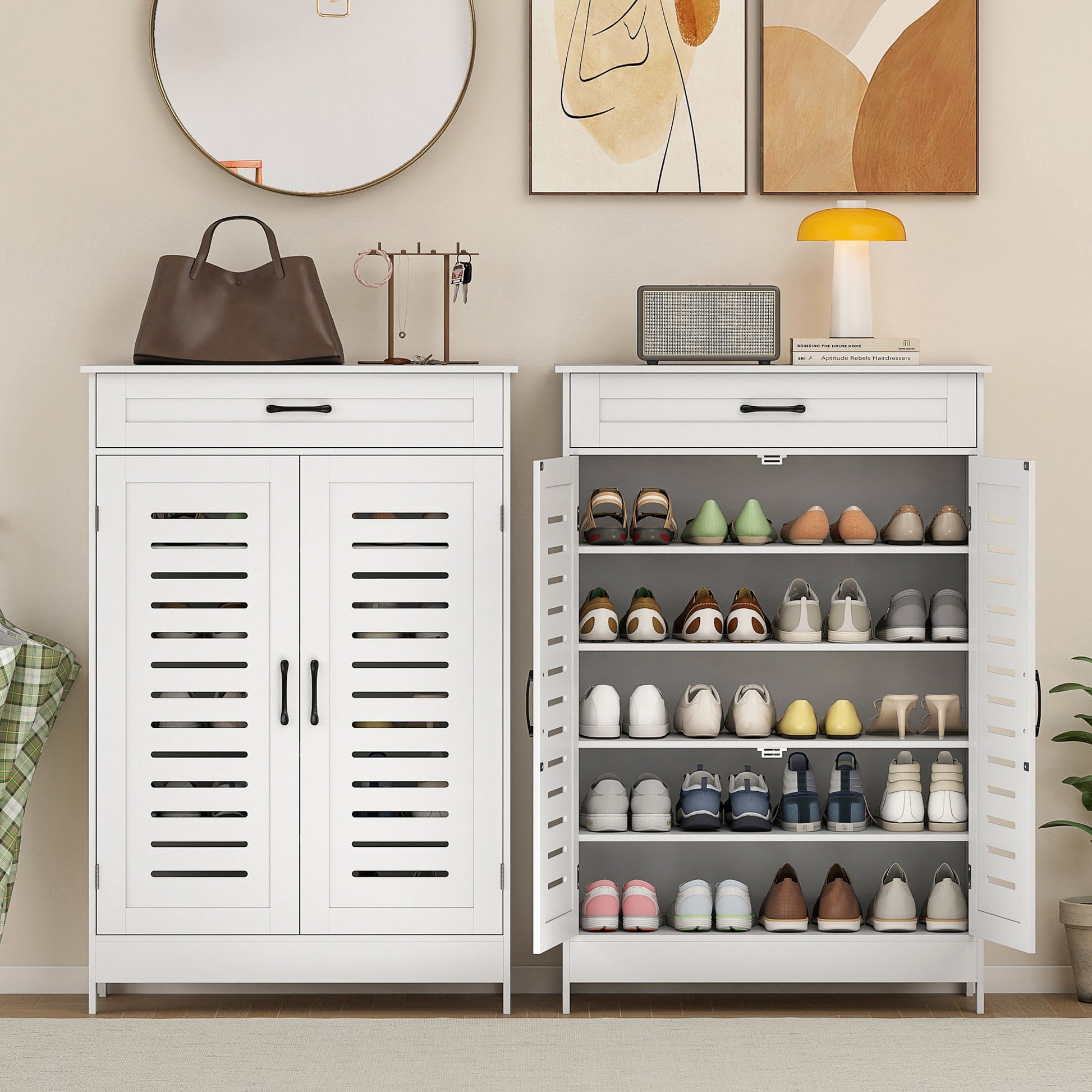 Shoe Cabinet with Louvered Doors, Modern Shoe Storage Cabinet with Drawer and Adjustable Shelves, Holds up to 20 Pairs for Entryway, Hallway, White