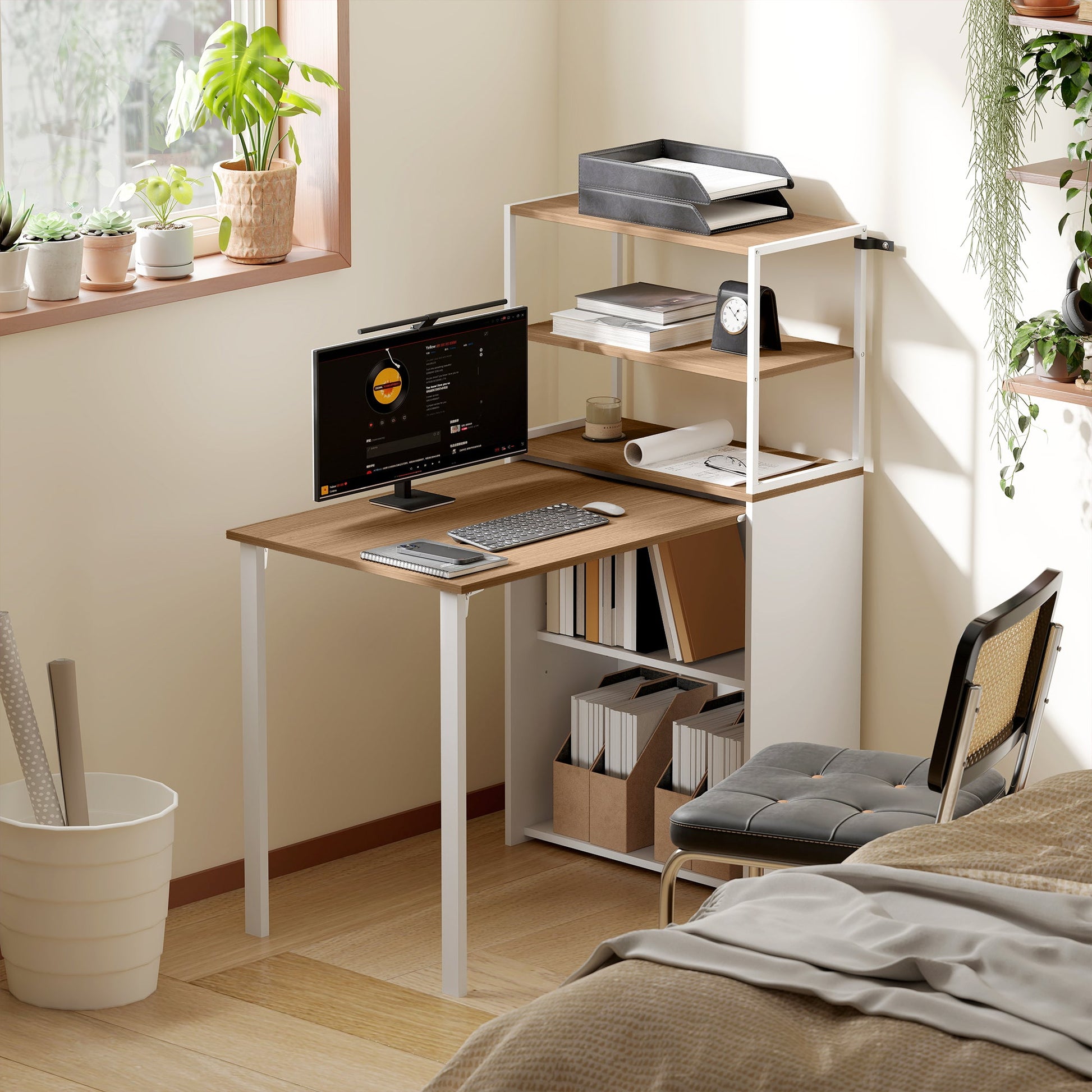 Folding Computer Desk with 4-Tier Bookshelf, Space-Saving Multifunctional Small Office Desk, 2-in-1 Compact Industrial Study Table with Metal Frame for Small Spaces, Home Office, Natural