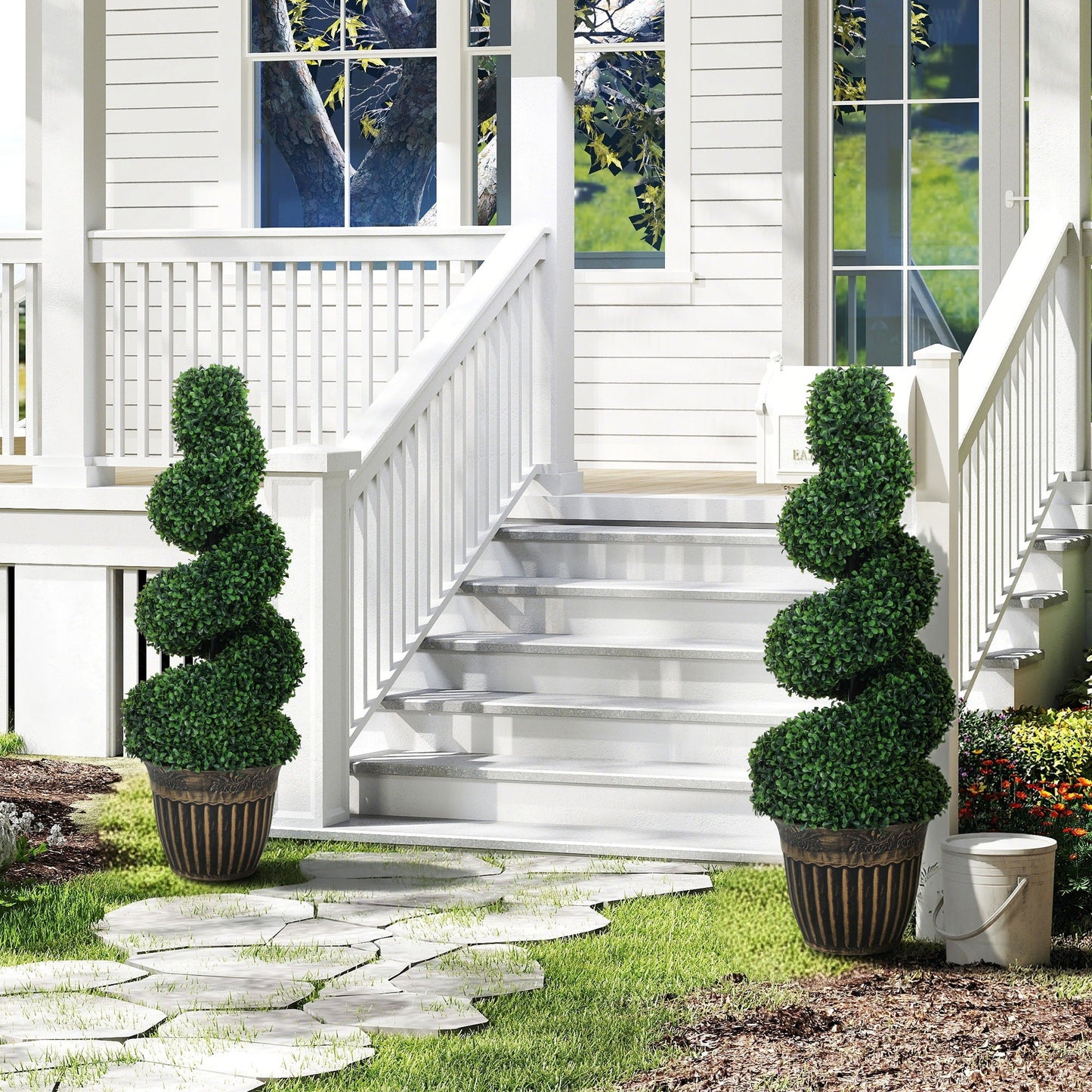 Set of 2 Decorative Artificial Plants Topiary Spiral Boxwood Trees in Pot, Fake Plants for Home Indoor Outdoor Decor, 90cm, Light Green
