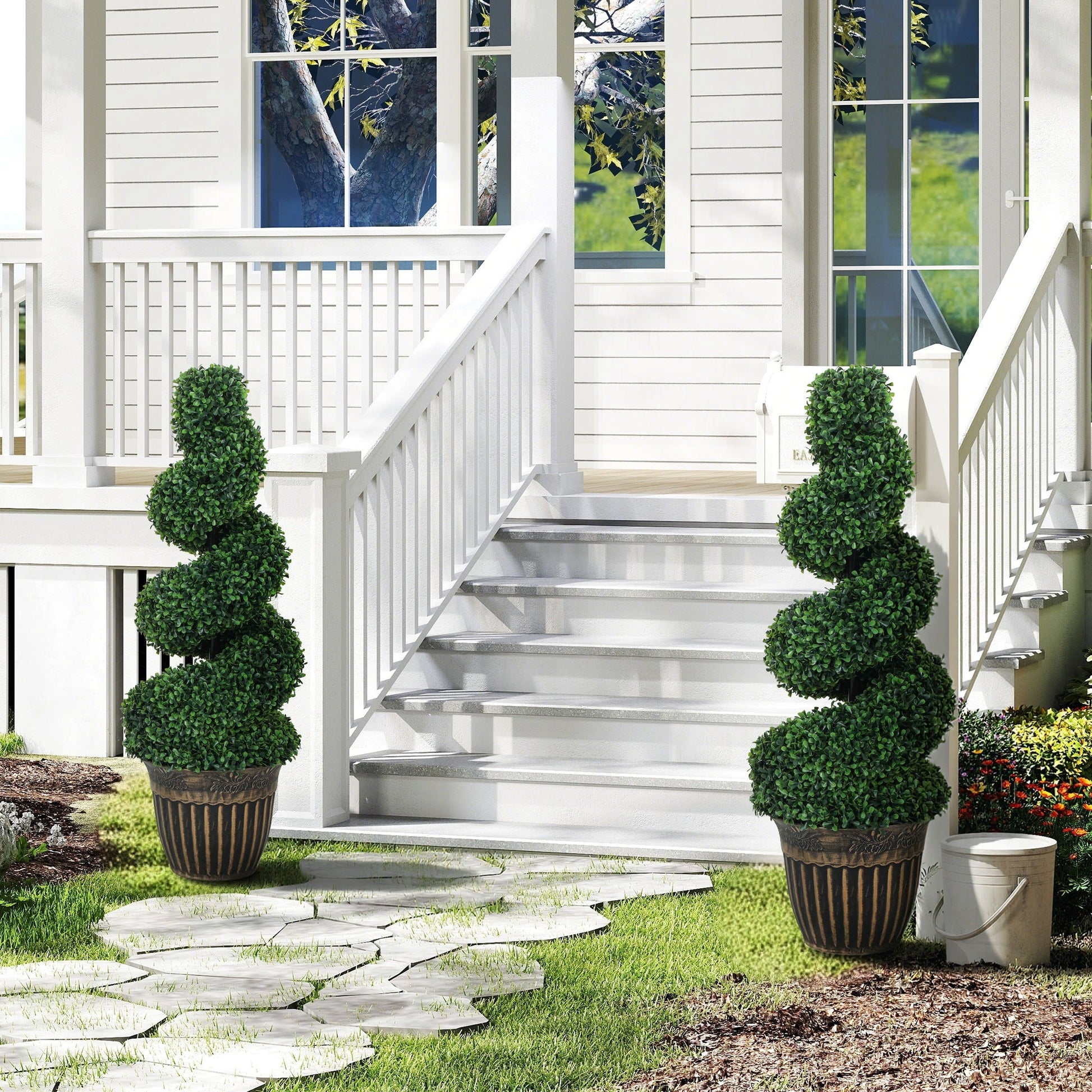 Set of 2 Decorative Artificial Plants Topiary Spiral Boxwood Trees in Pot, Fake Plants for Home Indoor Outdoor Decor, 90cm, Light Green