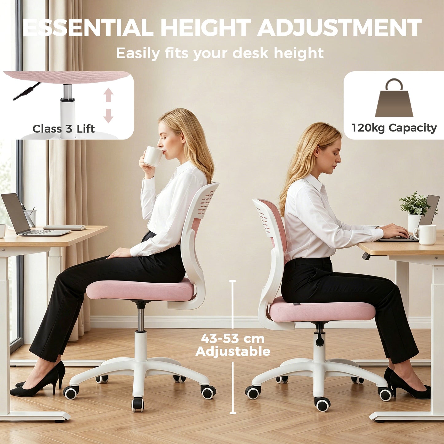 Ergonomic Office Chair, Armless Computer Desk Chair with Breathable Mesh Back, Padded Seat and Swivel Wheels, Adjustable Height for Home Office Study Bedroom, Pink