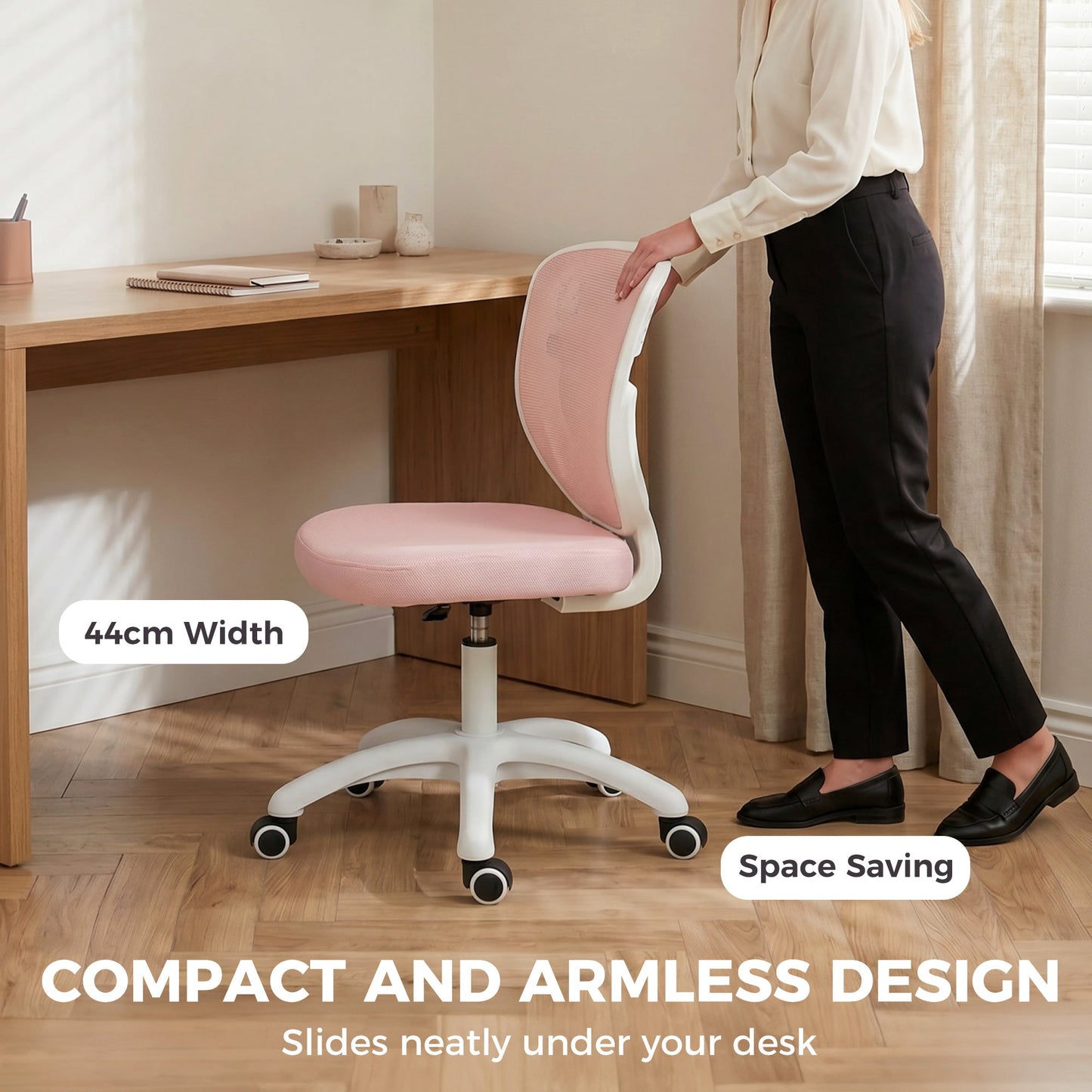 Ergonomic Office Chair, Armless Computer Desk Chair with Breathable Mesh Back, Padded Seat and Swivel Wheels, Adjustable Height for Home Office Study Bedroom, Pink