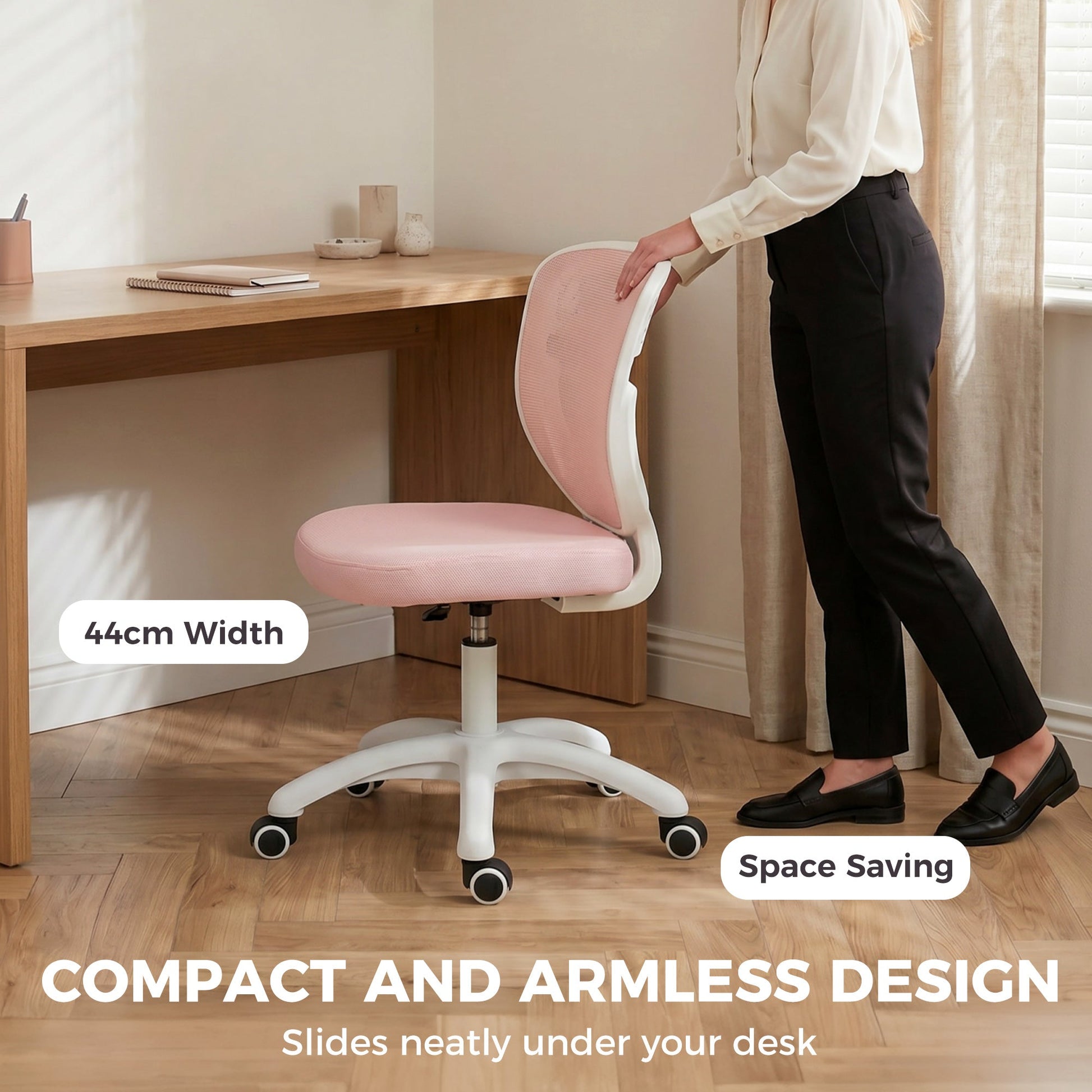 Ergonomic Office Chair, Armless Computer Desk Chair with Breathable Mesh Back, Padded Seat and Swivel Wheels, Adjustable Height for Home Office Study Bedroom, Pink