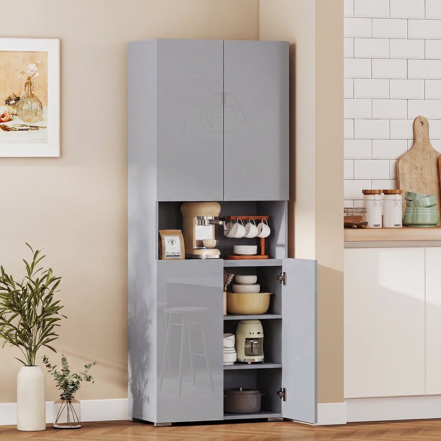 180 cm Tall Kitchen Cupboard, Pantry Storage Cabinet with Soft Close Doors and Adjustable Shelves, Freestanding Kitchen Cabinet for Dining Room, High Gloss Grey