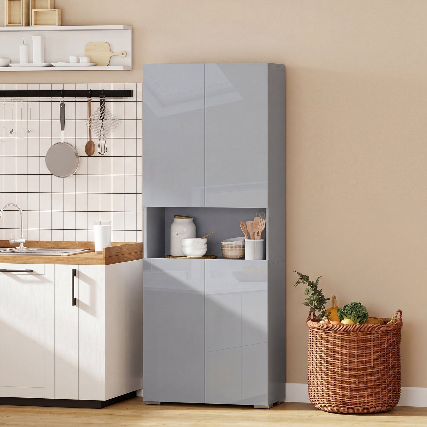 180 cm Tall Kitchen Cupboard, Pantry Storage Cabinet with Soft Close Doors and Adjustable Shelves, Freestanding Kitchen Cabinet for Dining Room, High Gloss Grey